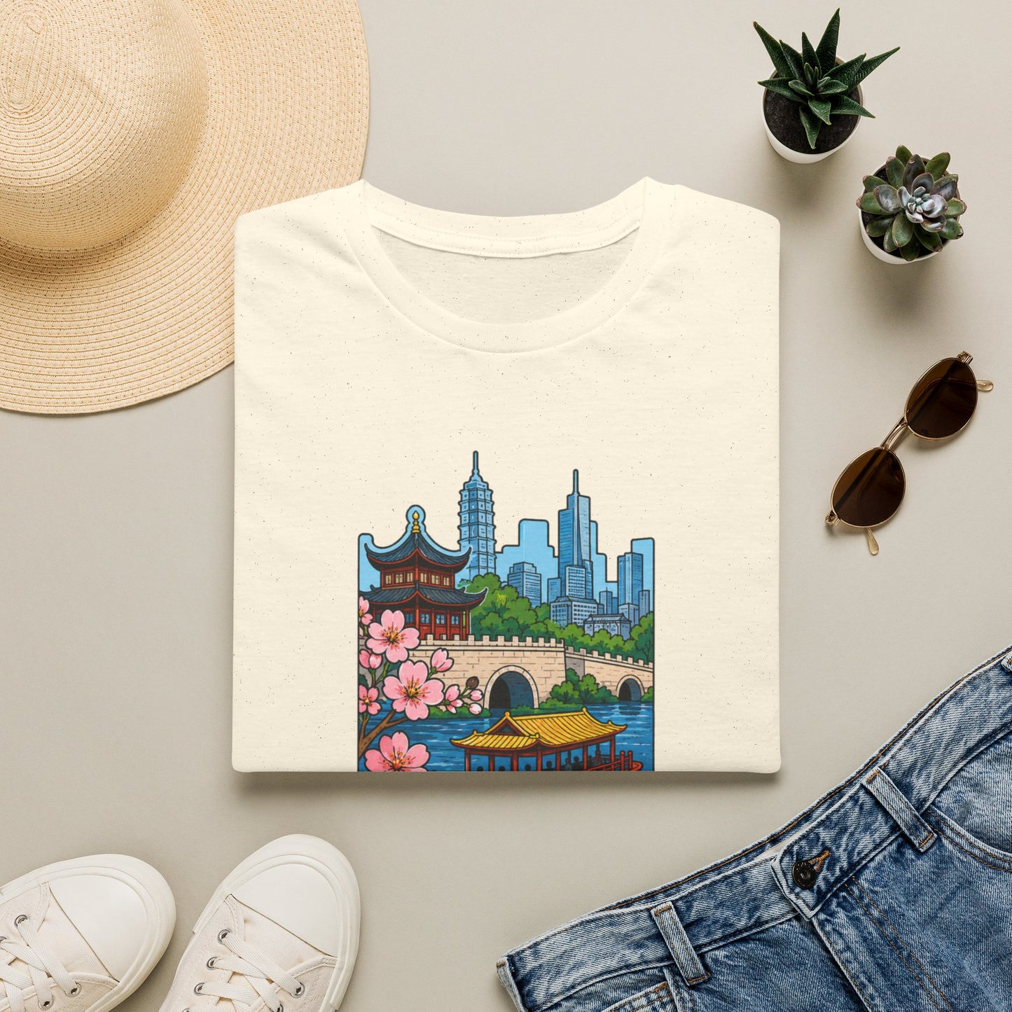 Nanjing Cityscape T-Shirt — Cherry Blossoms, Pagoda & Skyline Travel Shirt
