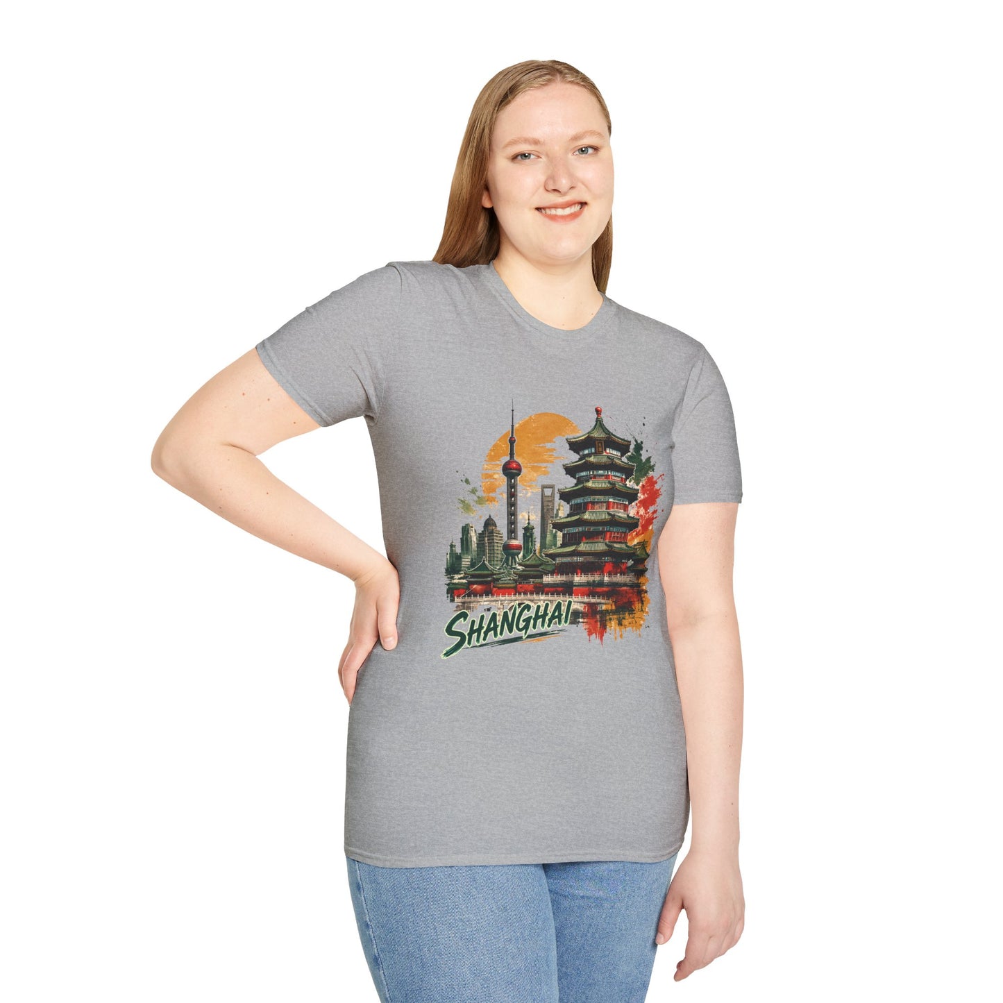 Shanghai Skyline T-Shirt — Watercolor Pagoda & Oriental Sunset Graphic