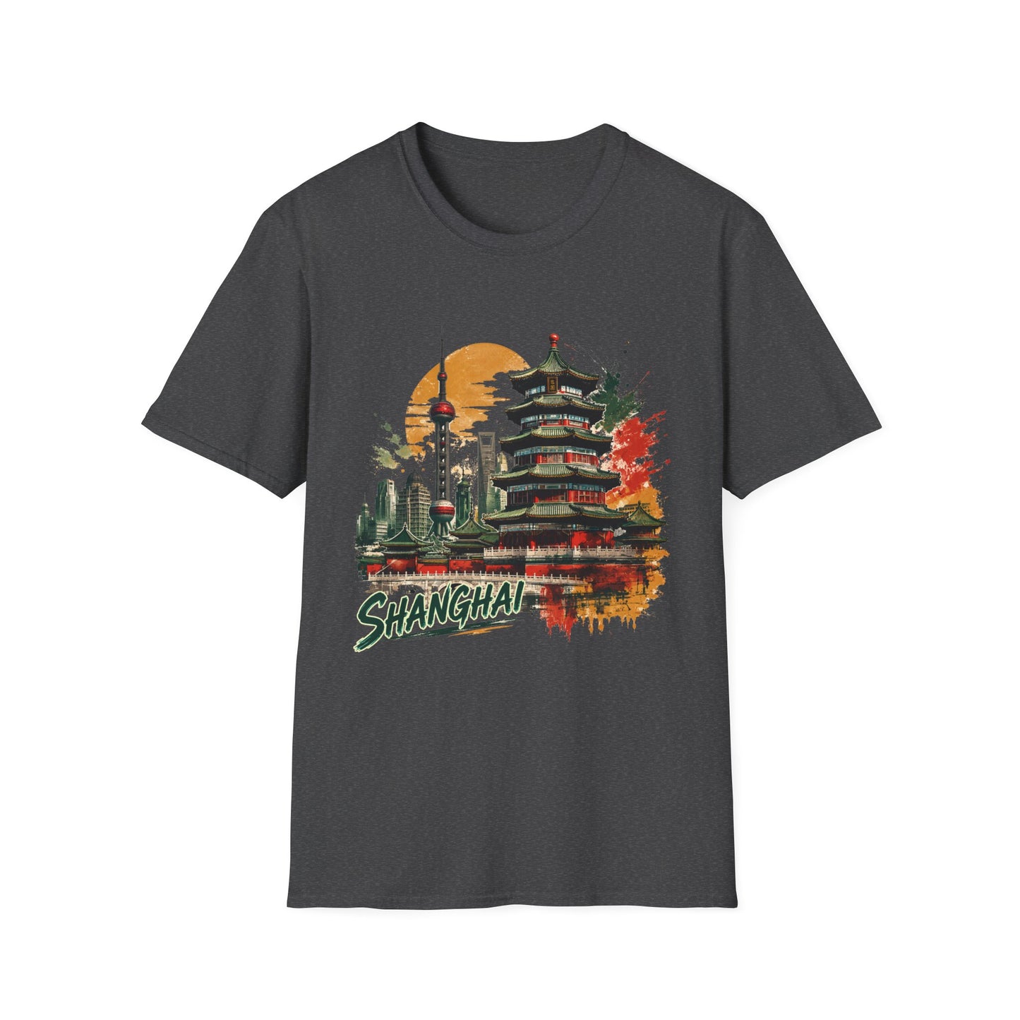 Shanghai Skyline T-Shirt — Watercolor Pagoda & Oriental Sunset Graphic