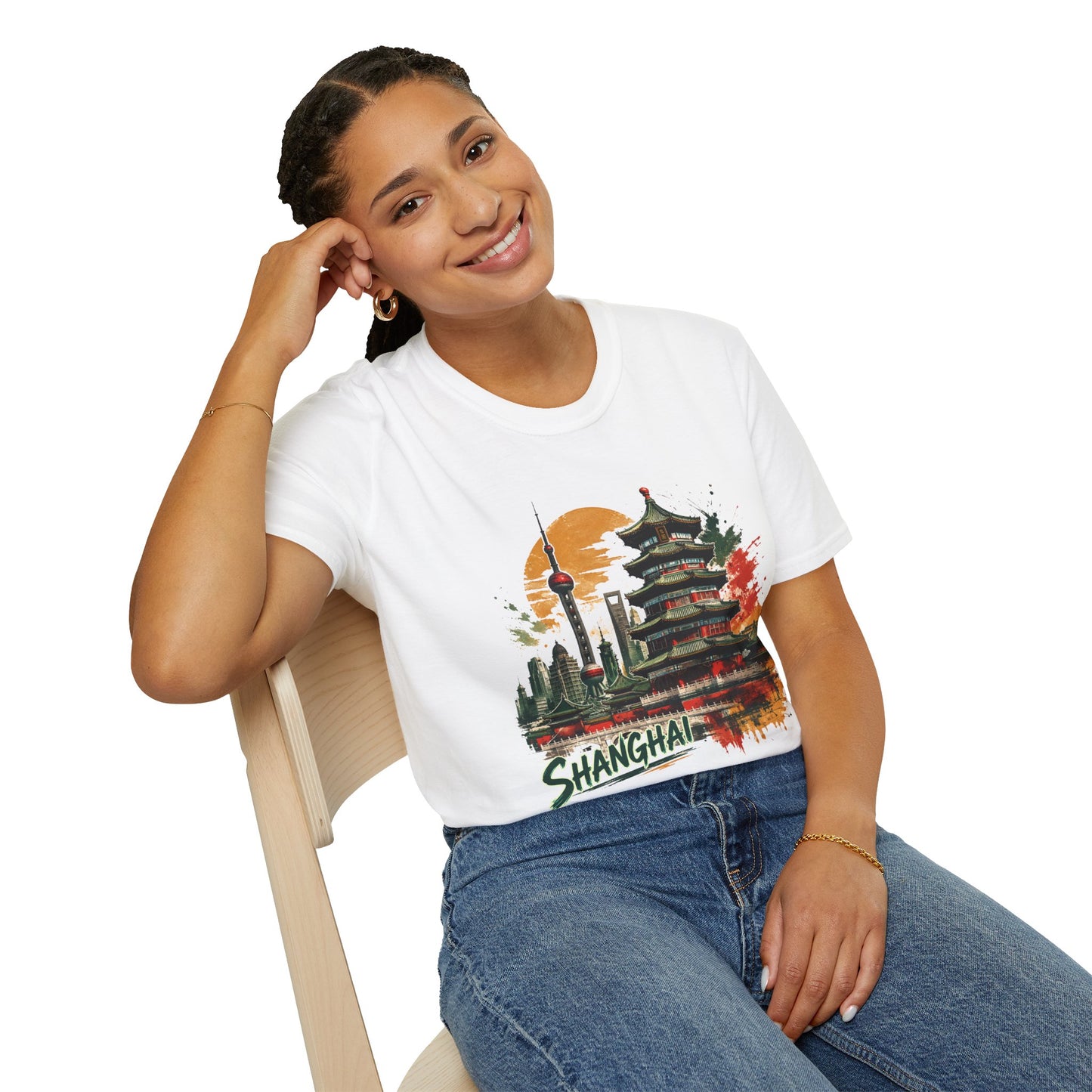 Shanghai Skyline T-Shirt — Watercolor Pagoda & Oriental Sunset Graphic