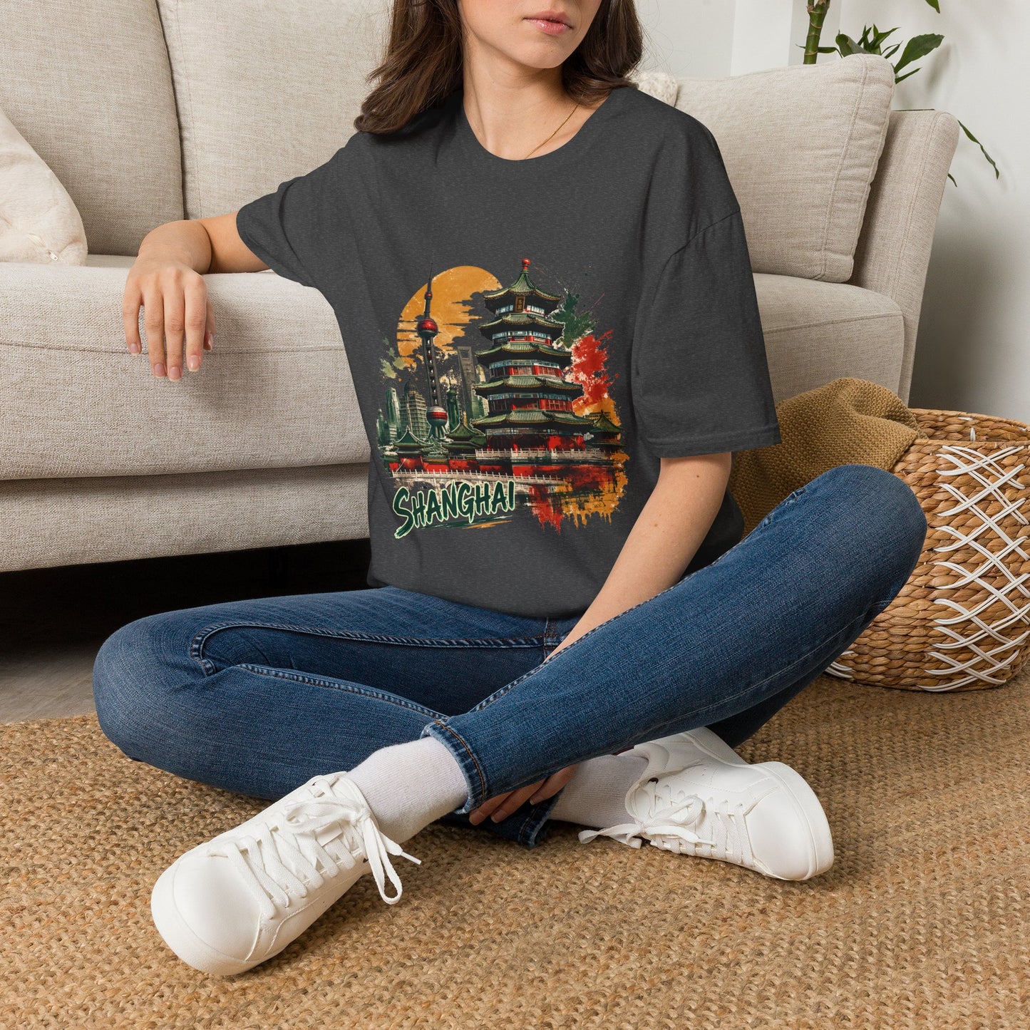 Shanghai skyline T-Shirt — Watercolor Pagoda & Oriental Sunset Tee