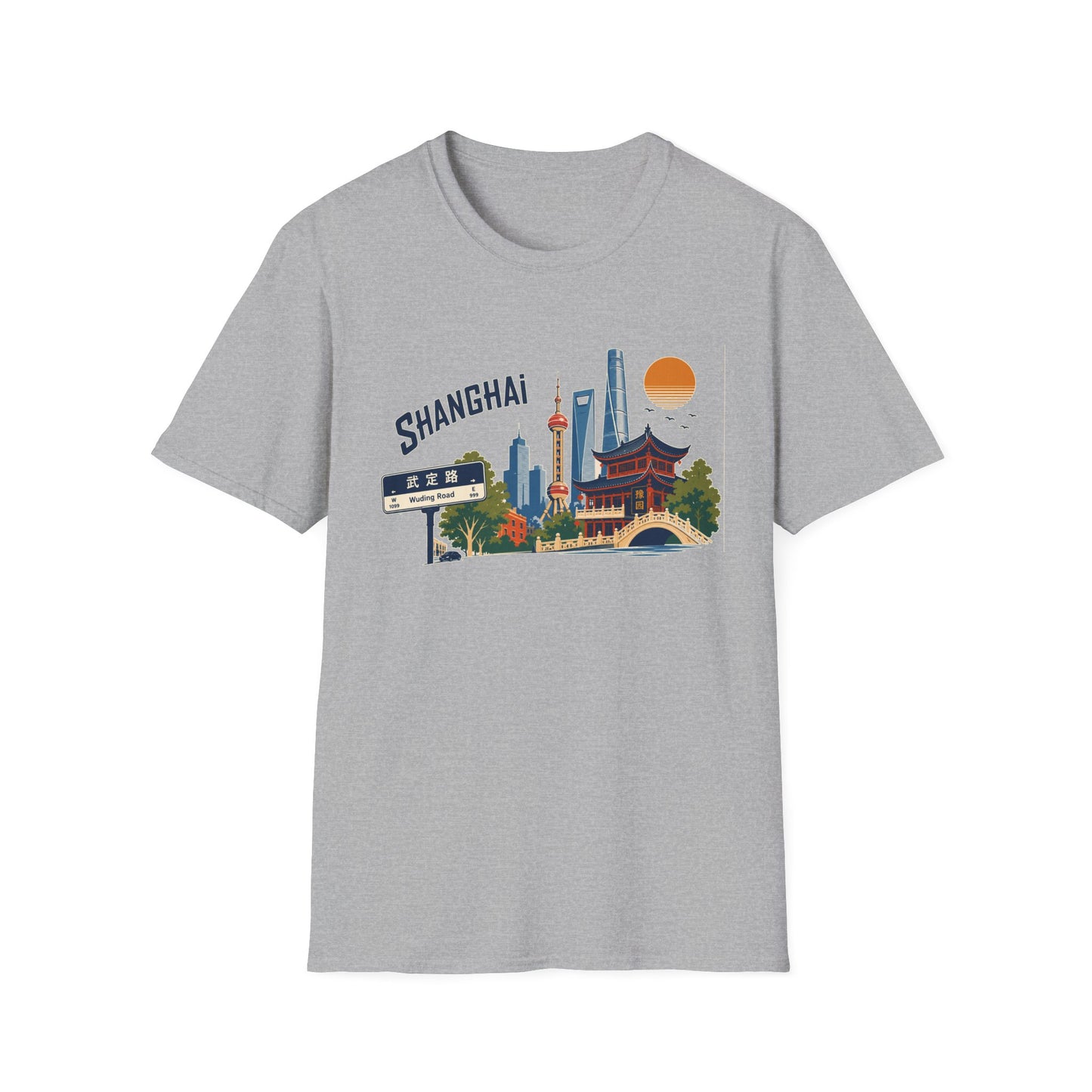 Shanghai Skyline T-Shirt — Vintage Cityscape Tee with Oriental Temple & Pudong Landmarks