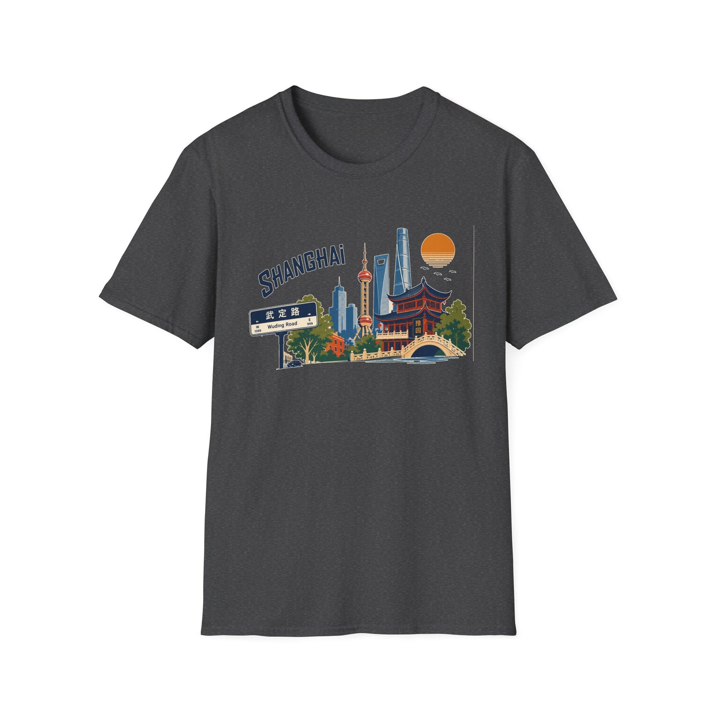 Shanghai Skyline T-Shirt — Vintage Cityscape Tee with Oriental Temple & Pudong Landmarks