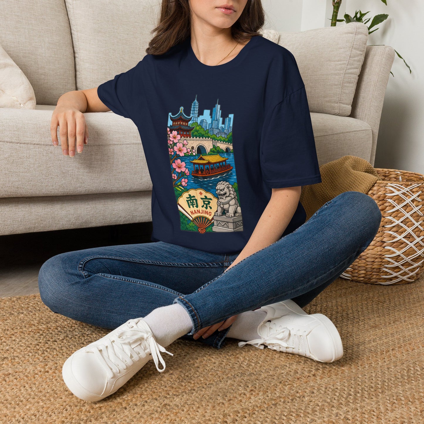 Nanjing Cityscape T-Shirt — Cherry Blossoms, Pagoda & Skyline Travel Shirt