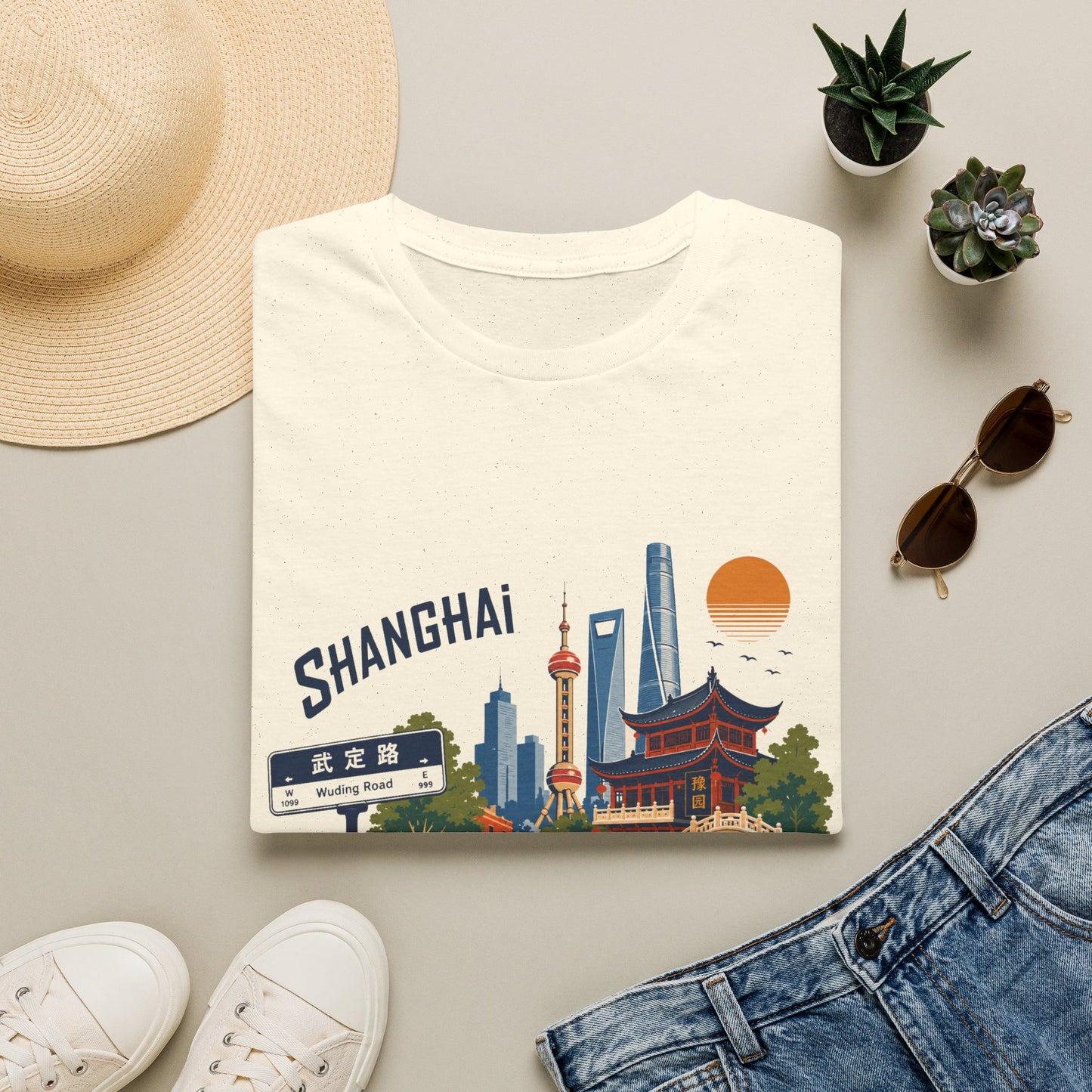 Shanghai Skyline T-Shirt — Retro Cityscape Tee with Oriental Pagoda & Street Sign