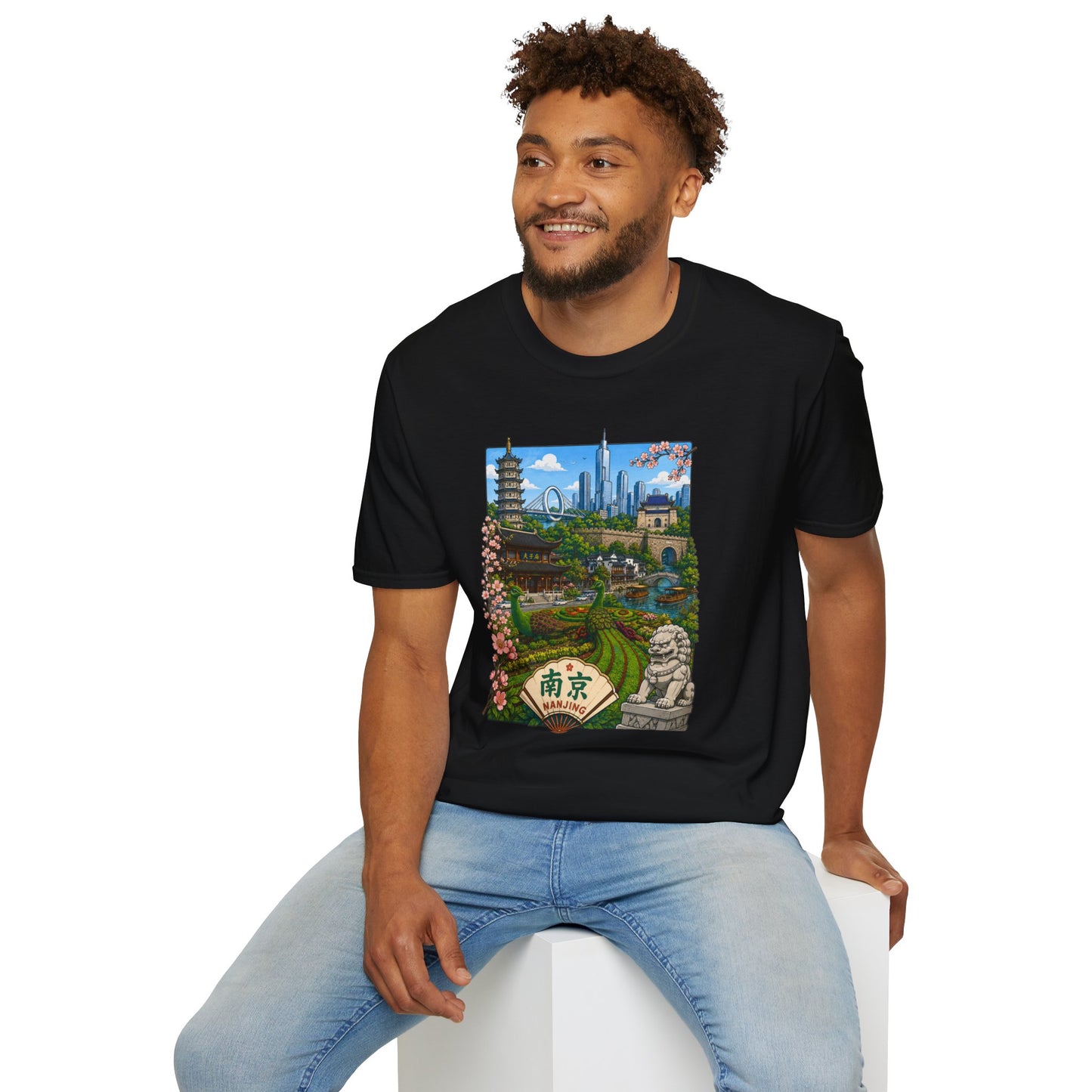 Nanjing Skyline T-Shirt — Scenic Cityscape with Pagoda & Cherry Blossoms