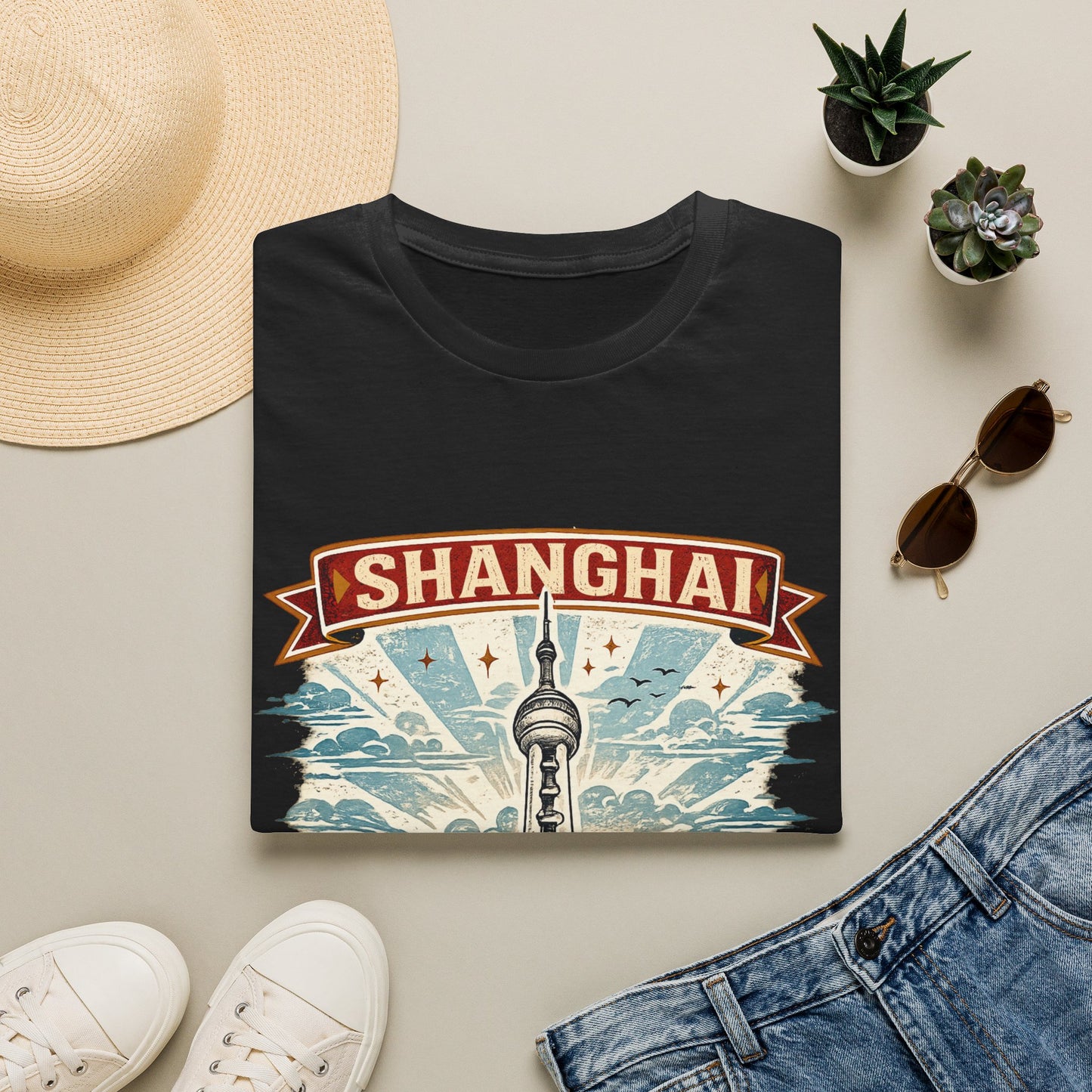 Shanghai Skyline T-Shirt — Retro Oriental Pearl Tower Travel Tee