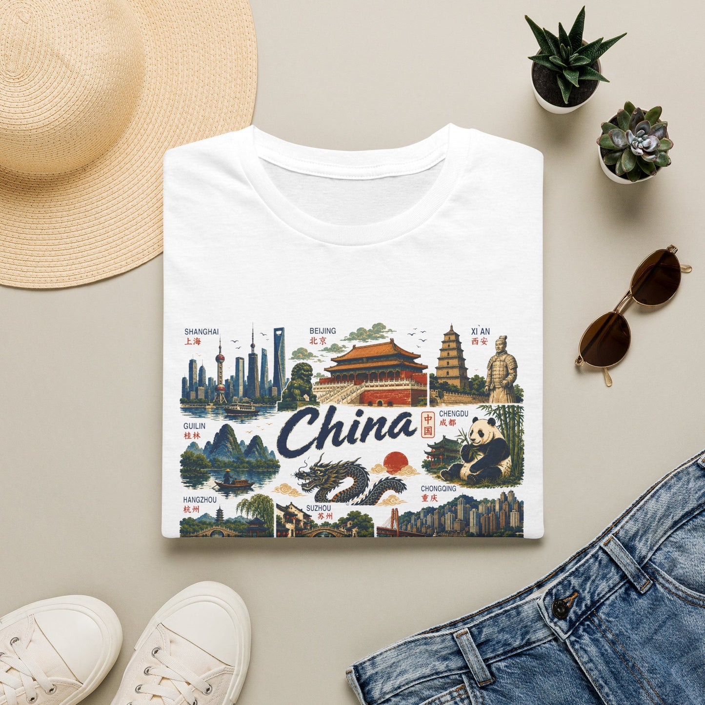 China Landmarks T-Shirt — Panda, Great Wall & Skyline Travel Tee