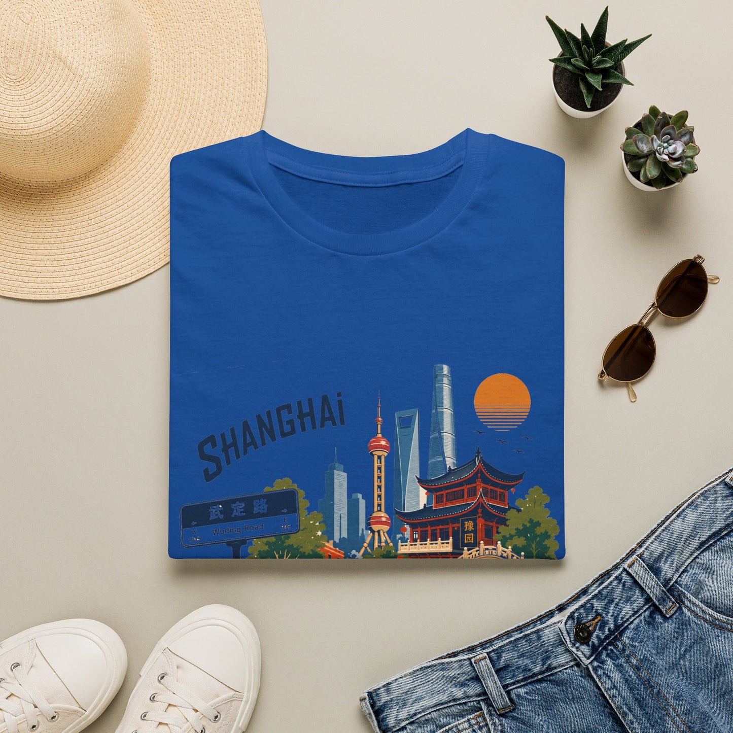 Shanghai Skyline T-Shirt — Retro Cityscape Tee with Oriental Pagoda & Street Sign