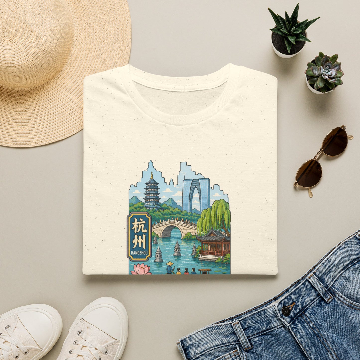 Hangzhou Scenic T-Shirt — West Lake Pagoda & Bridge Illustration
