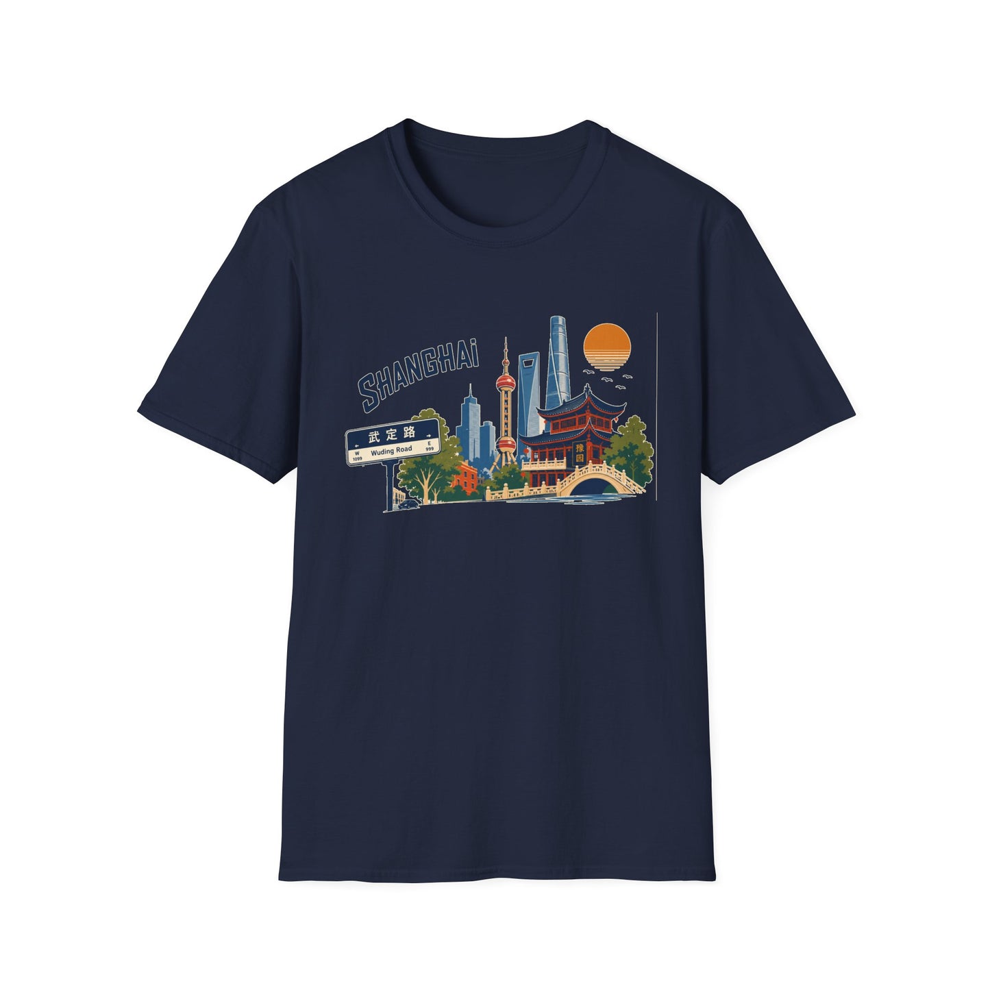 Shanghai Skyline T-Shirt — Vintage Cityscape Tee with Oriental Temple & Pudong Landmarks