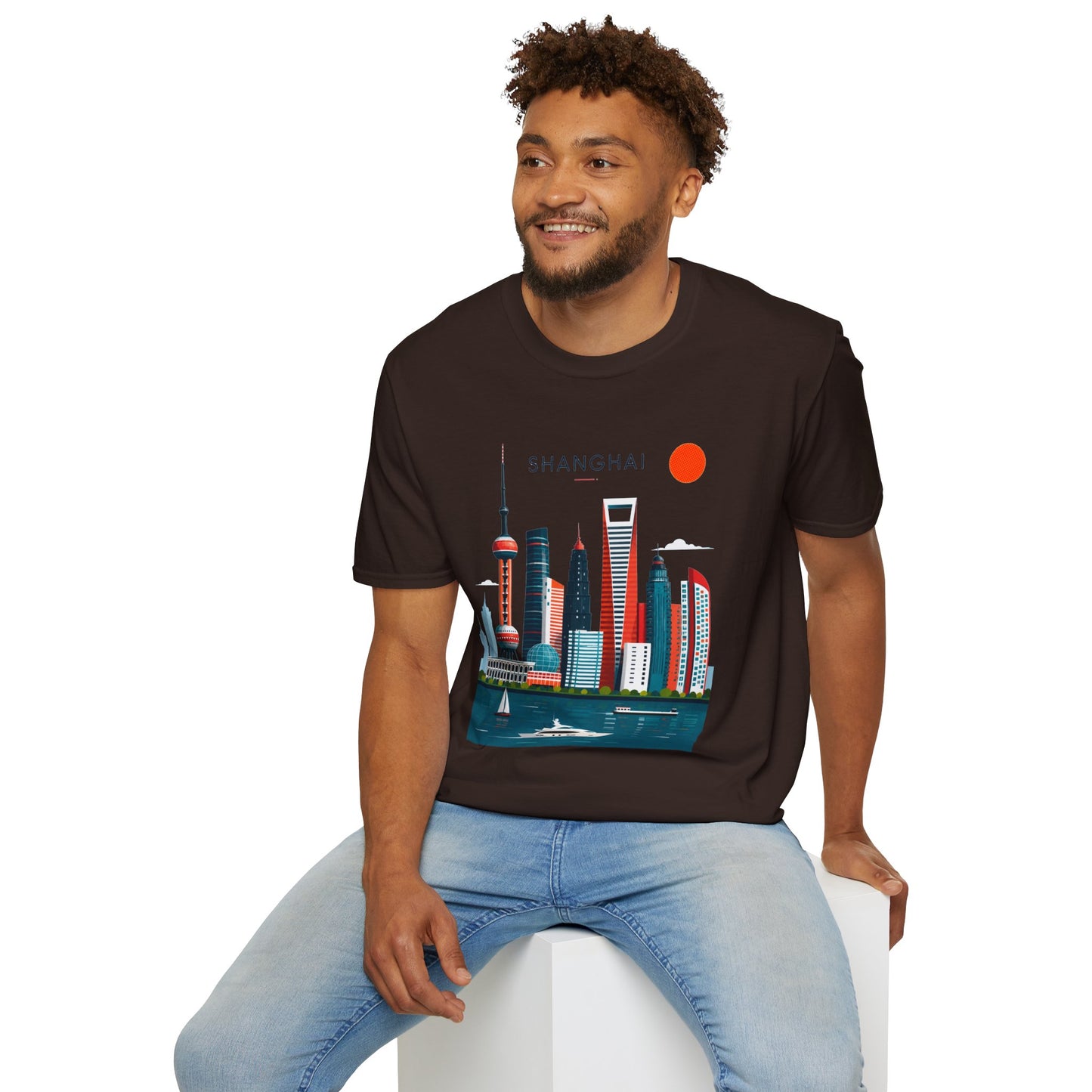 Shanghai Skyline T‑Shirt — Retro Red Sun Cityscape Tee