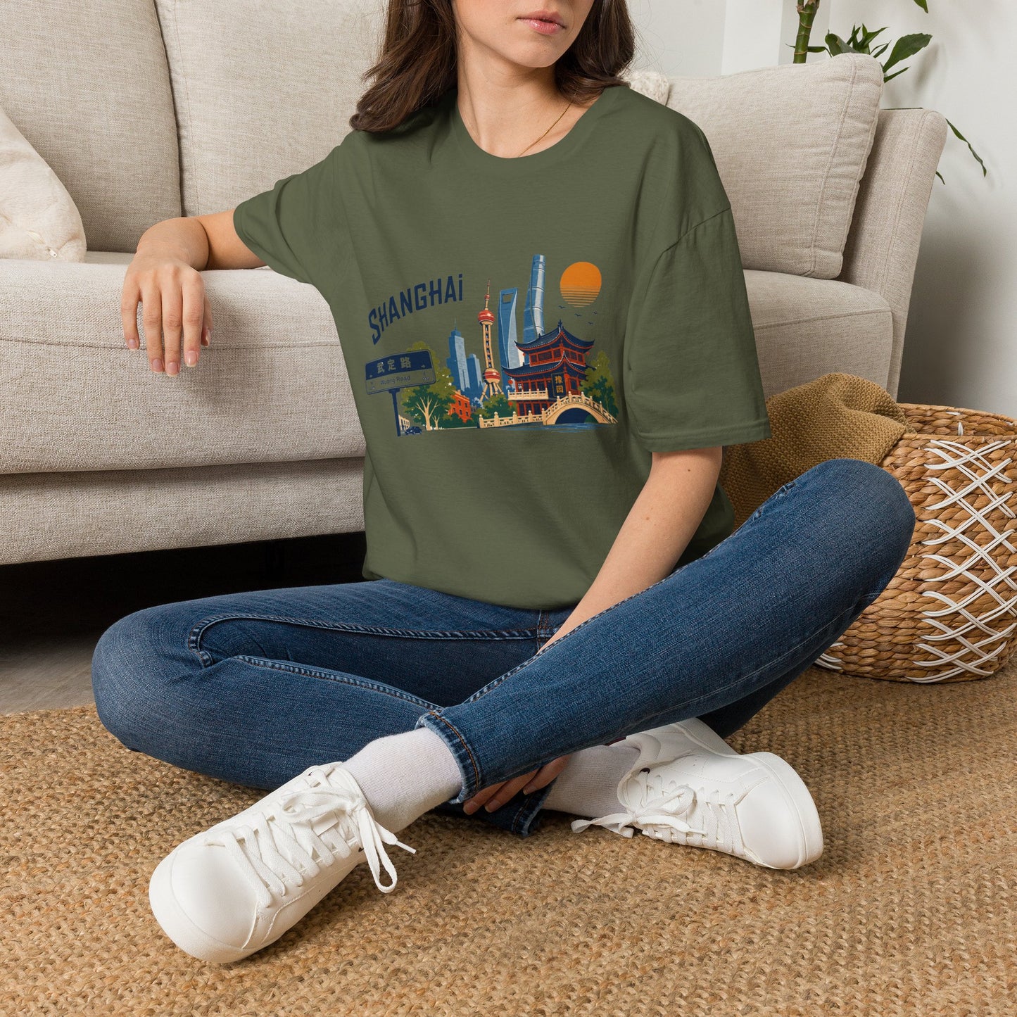 Shanghai Skyline T-Shirt — Retro Cityscape Tee with Oriental Pagoda & Street Sign