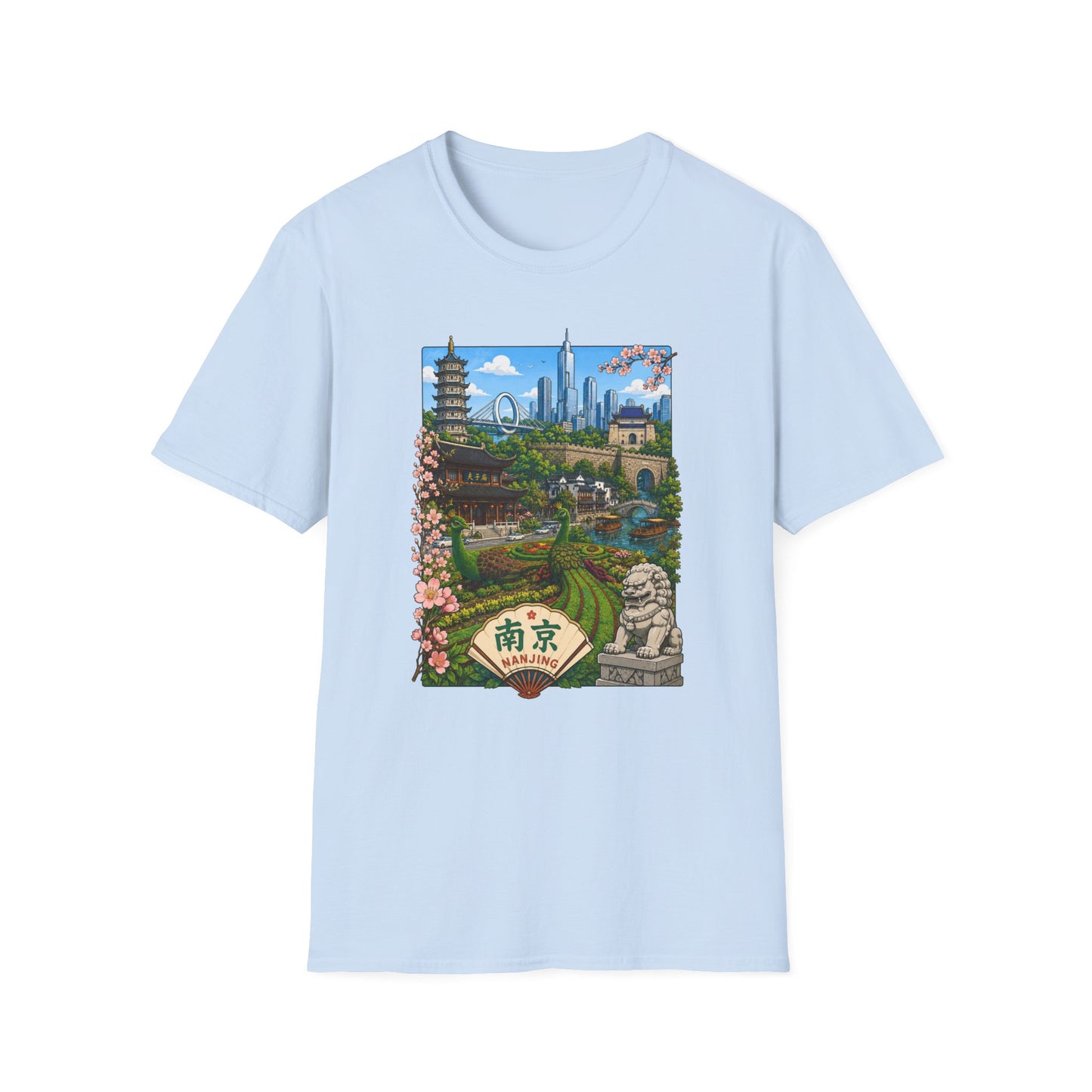 Nanjing Skyline T-Shirt — Scenic Cityscape with Pagoda & Cherry Blossoms