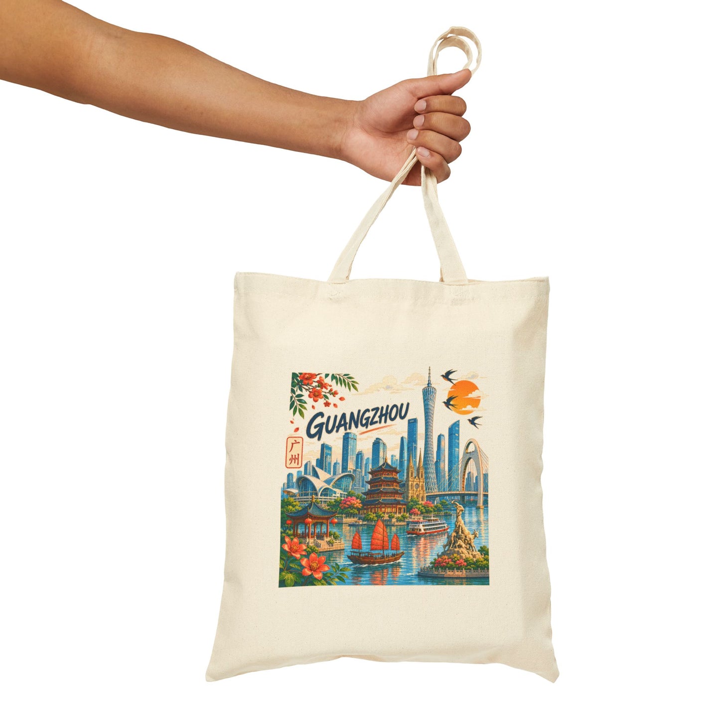 Guangzhou Cityscape Canvas Tote Bag — Vintage Travel Souvenir Bag