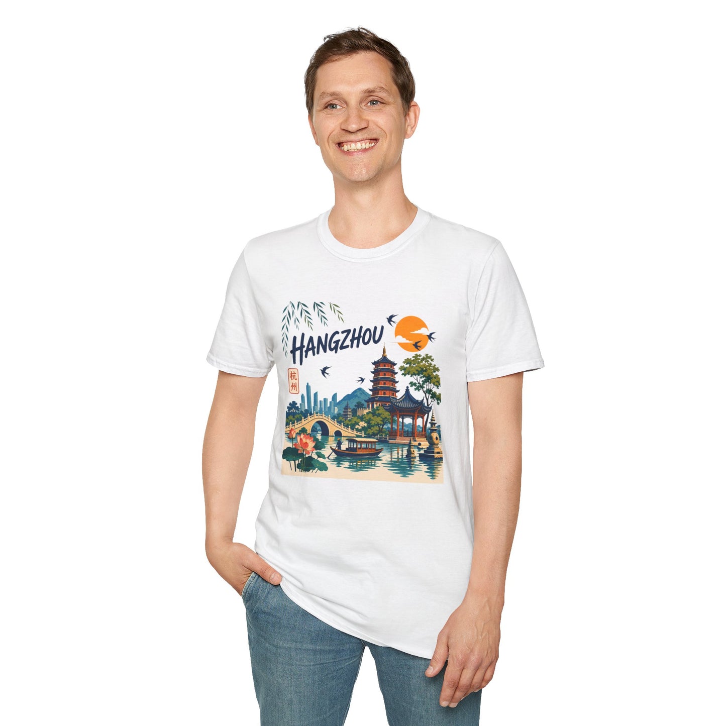 Hangzhou Travel Tee — Scenic Pagoda, Skyline & Sunset Graphic T-Shirt