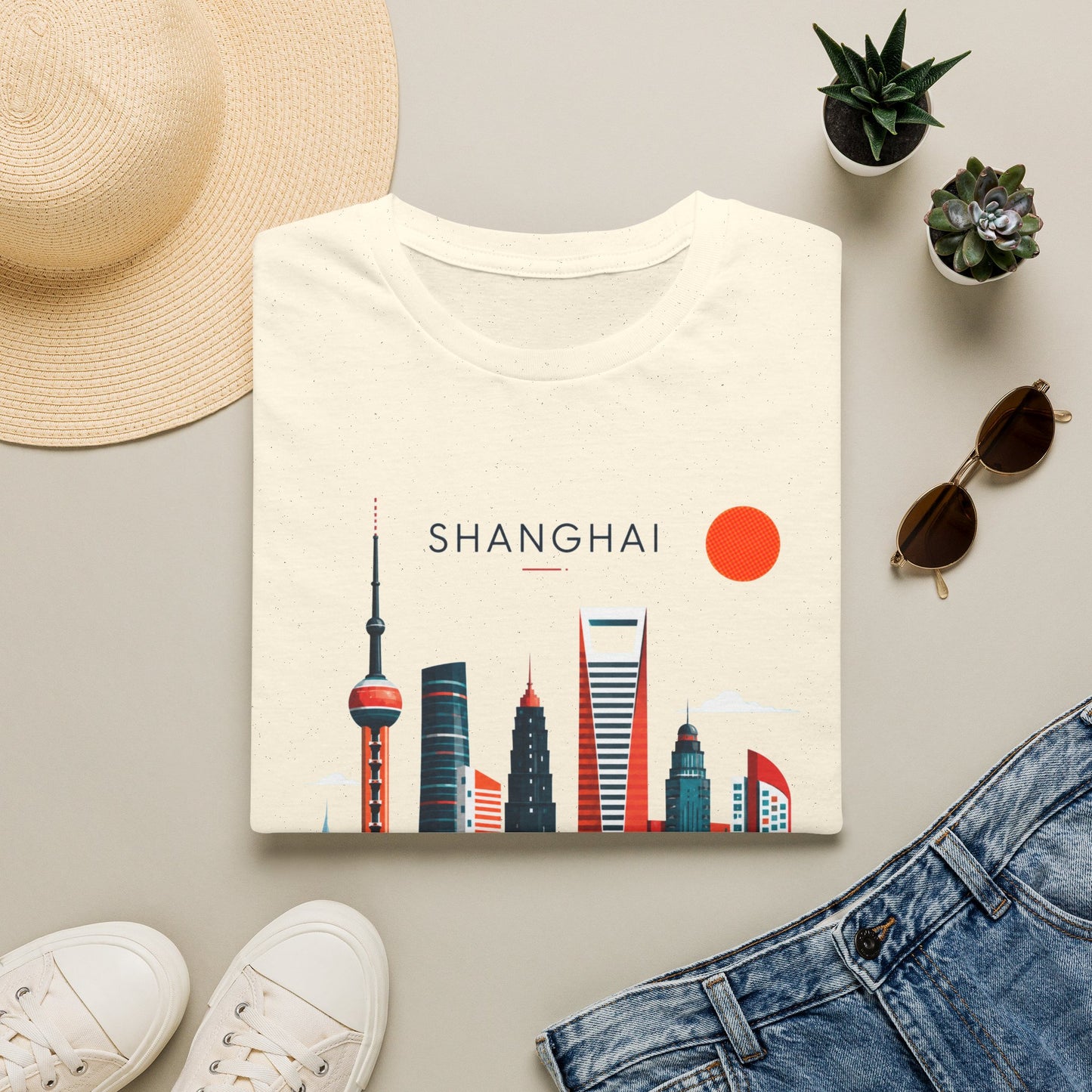 Shanghai Skyline T‑Shirt — Retro Red Sun Cityscape Tee