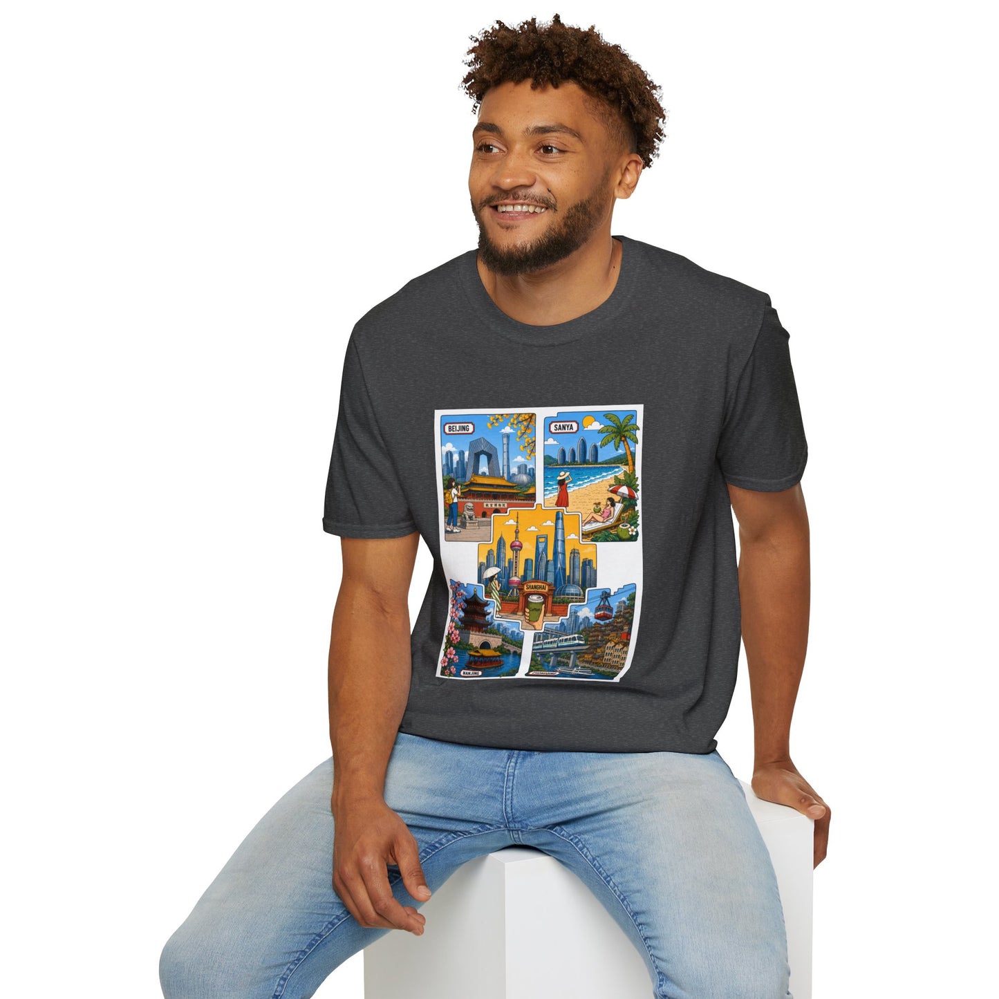 Cityscape Postcard T-Shirt — Retro Travel Collage (Beijing, Santa, Coastal Scenes)