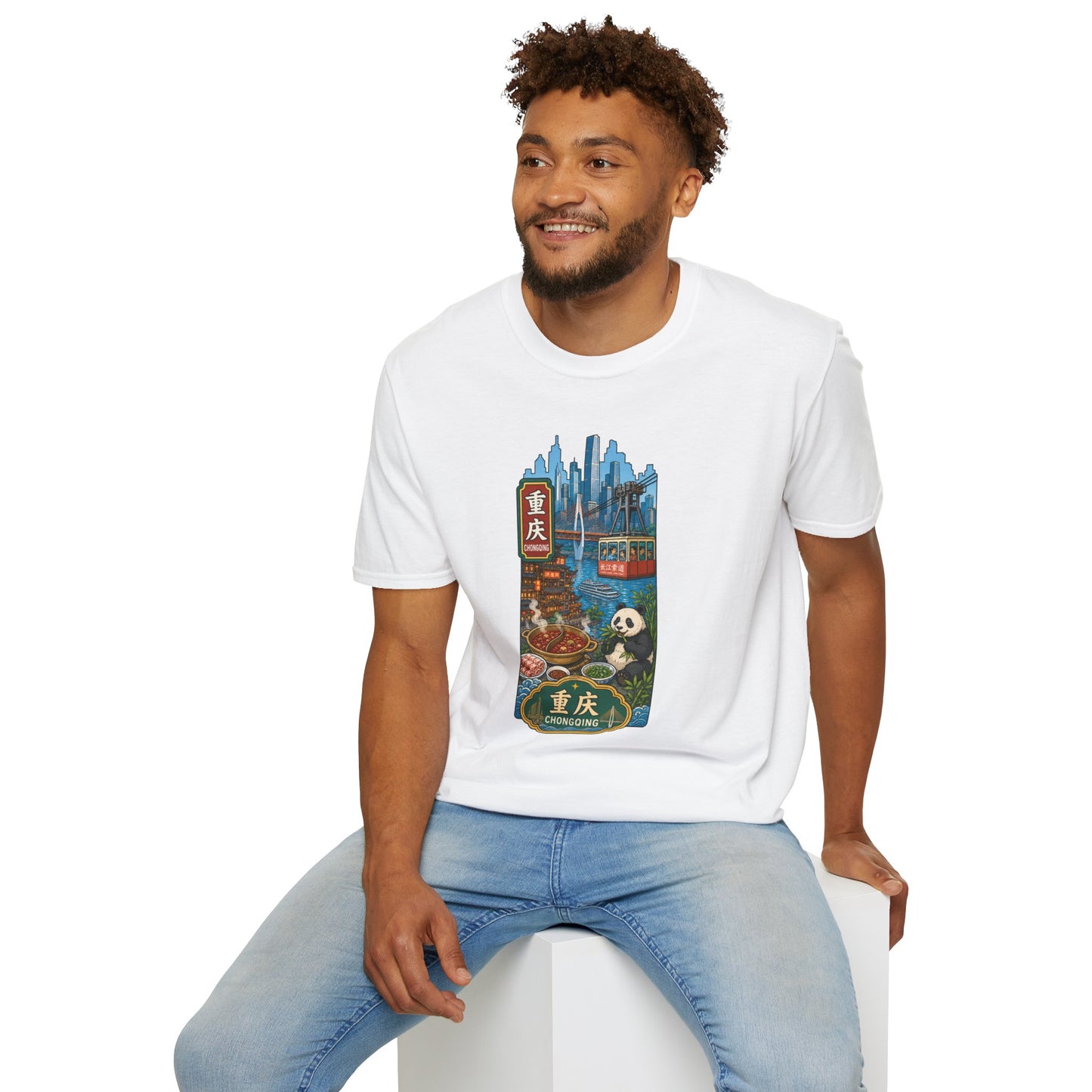 Chongqing Cityscape T-Shirt — Cable Car, Skyline & Night Market Illustration