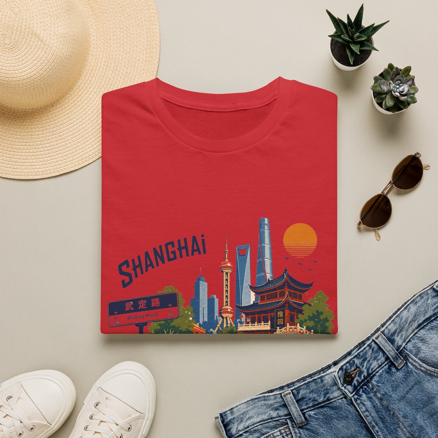 Shanghai Skyline T-Shirt — Retro Cityscape Tee with Oriental Pagoda & Street Sign