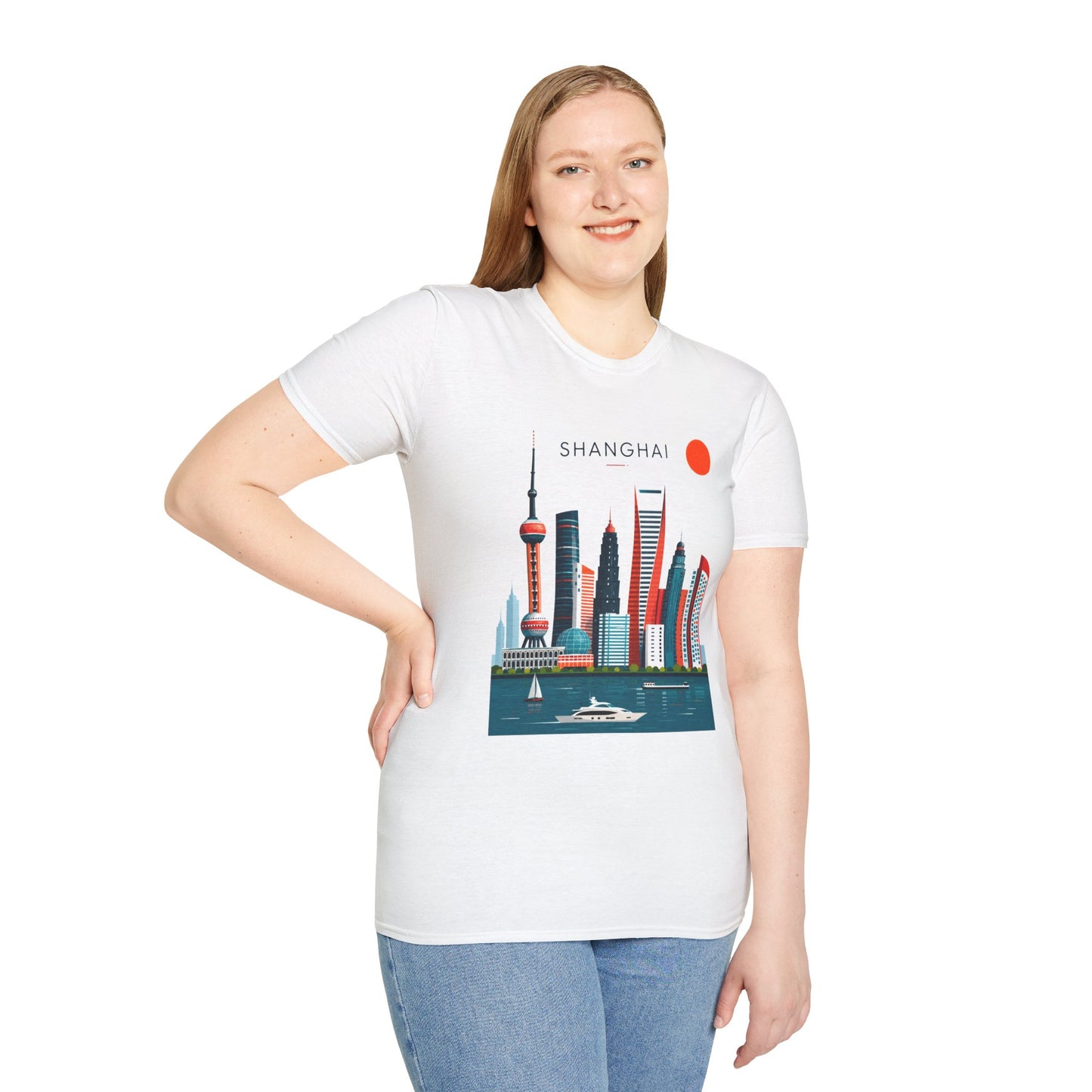 Shanghai Skyline T‑Shirt — Retro Red Sun Cityscape Tee