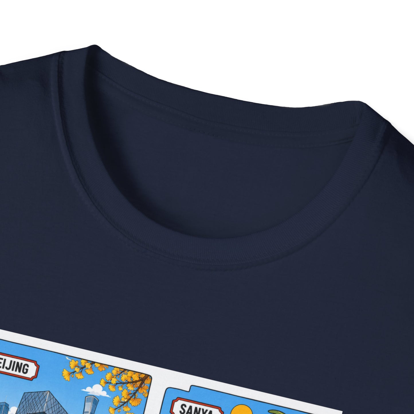 Cityscape Postcard T-Shirt — Retro Travel Collage (Beijing, Santa, Coastal Scenes)