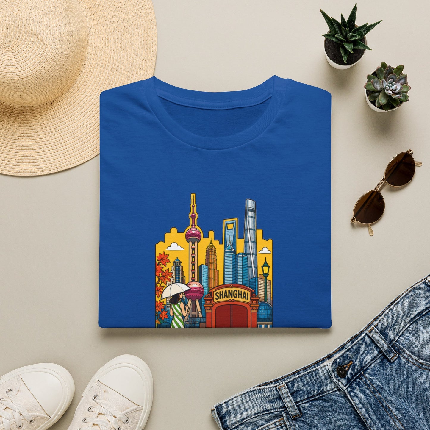 Shanghai Skyline T-Shirt — Vintage Cityscape with Chinese Characters