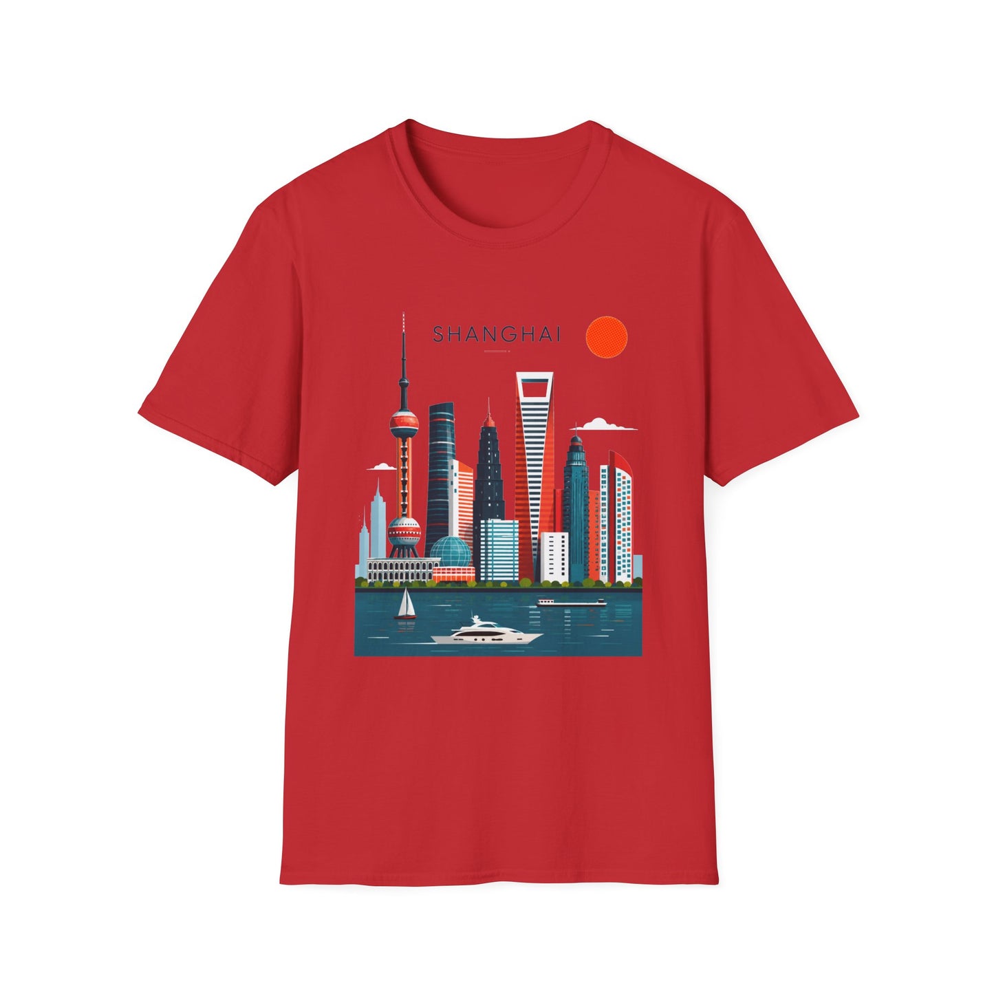 Shanghai Skyline T‑Shirt — Retro Red Sun Cityscape Tee