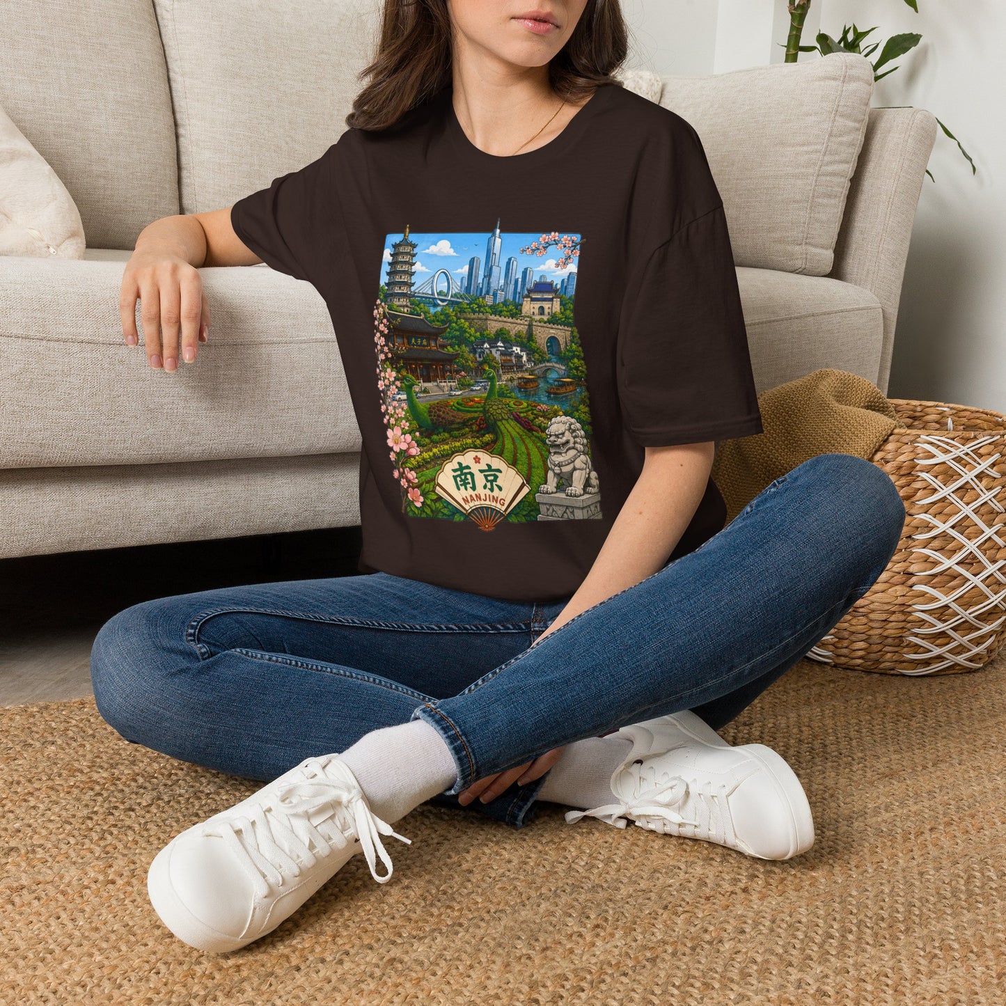 Nanjing Skyline T-Shirt — Scenic Cityscape with Pagoda & Cherry Blossoms