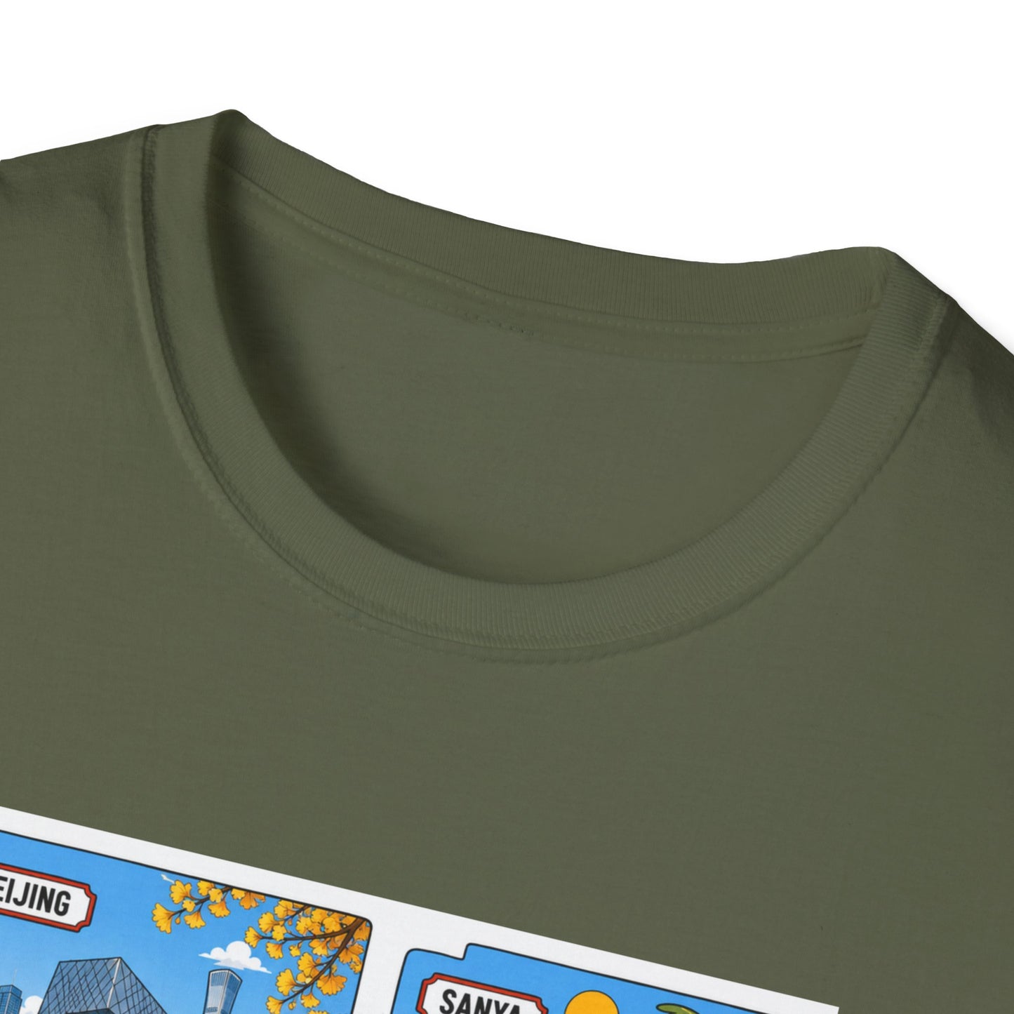 Cityscape Postcard T-Shirt — Retro Travel Collage (Beijing, Santa, Coastal Scenes)