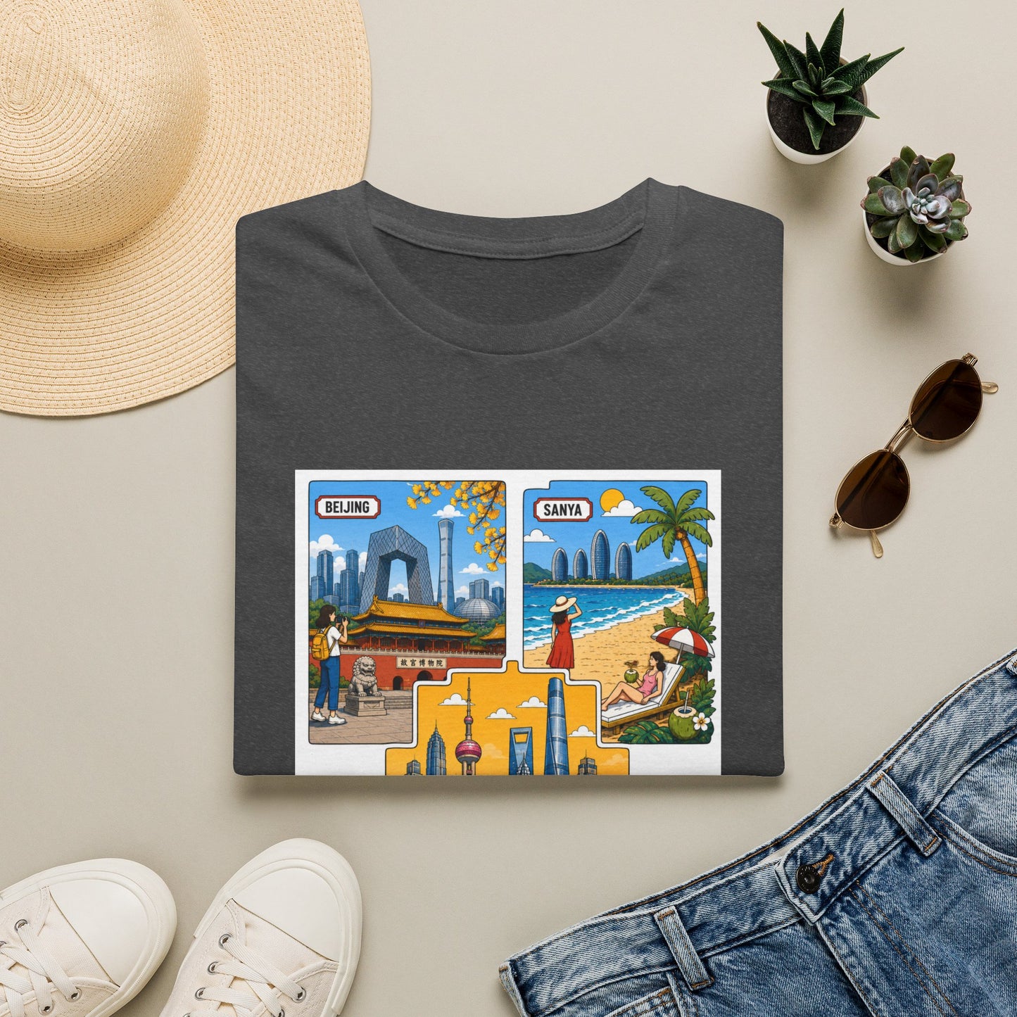 Cityscape Postcard T-Shirt — Retro Travel Collage (Beijing, Santa, Coastal Scenes)