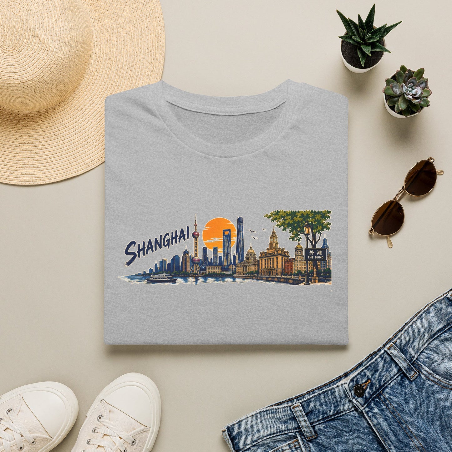 Shanghai Skyline T-Shirt — Vintage Cityscape Sunset Tee