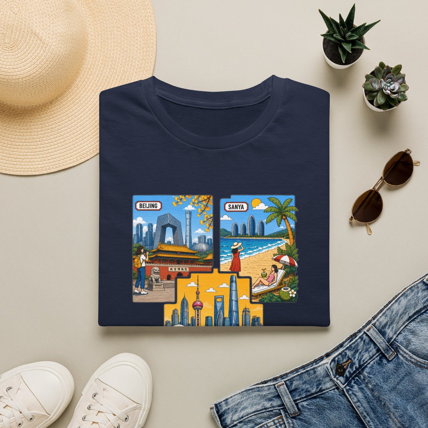 Cityscape Postcard T-Shirt — Miami & Dubai Travel Vintage Graphic Tee