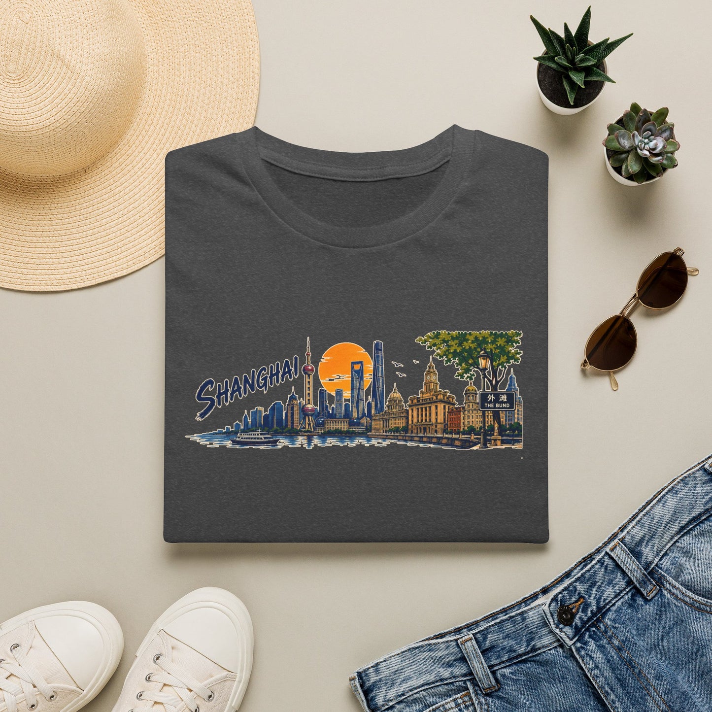 Shanghai Skyline T-Shirt — Vintage Cityscape Sunset Tee