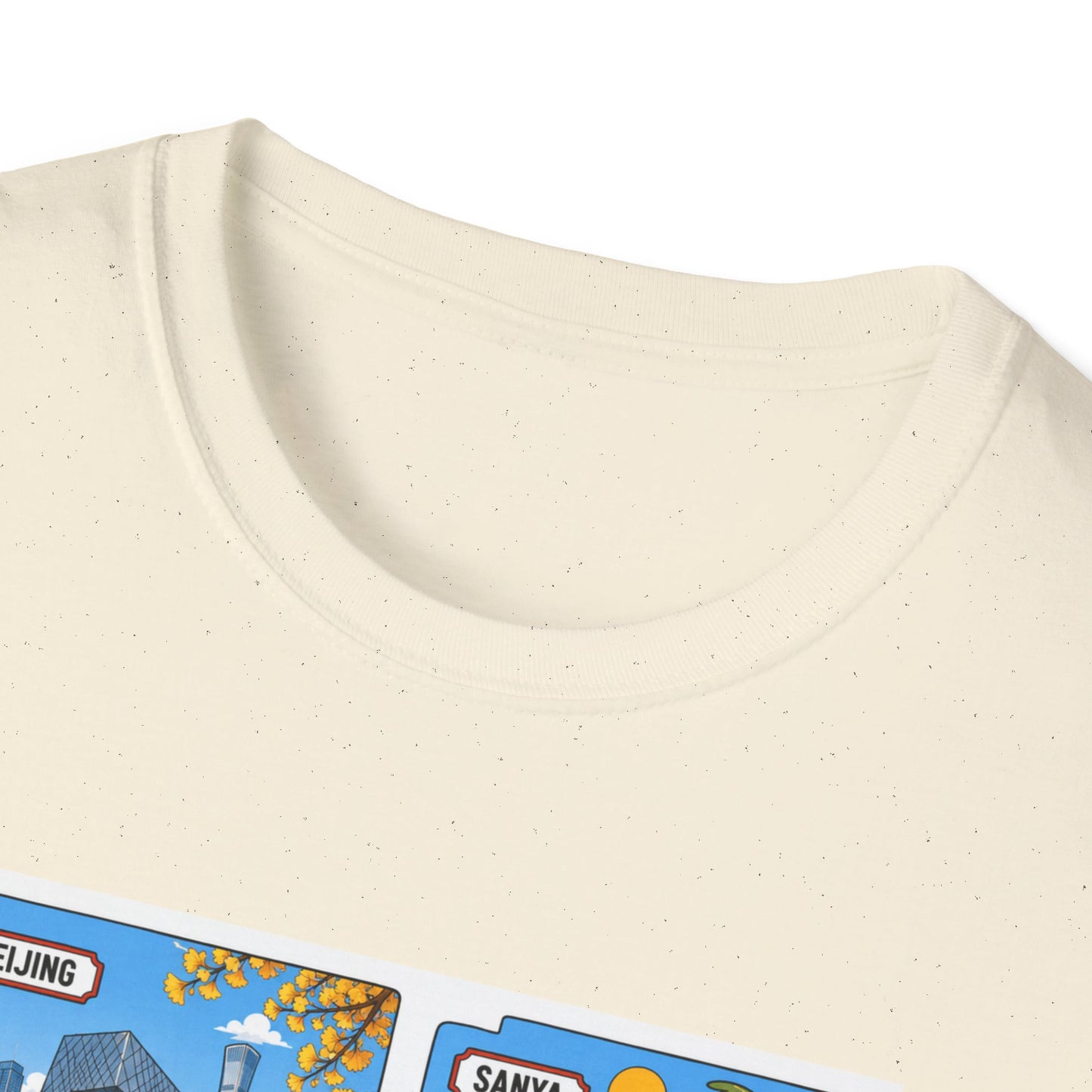 Cityscape Postcard T-Shirt — Retro Travel Collage (Beijing, Santa, Coastal Scenes)
