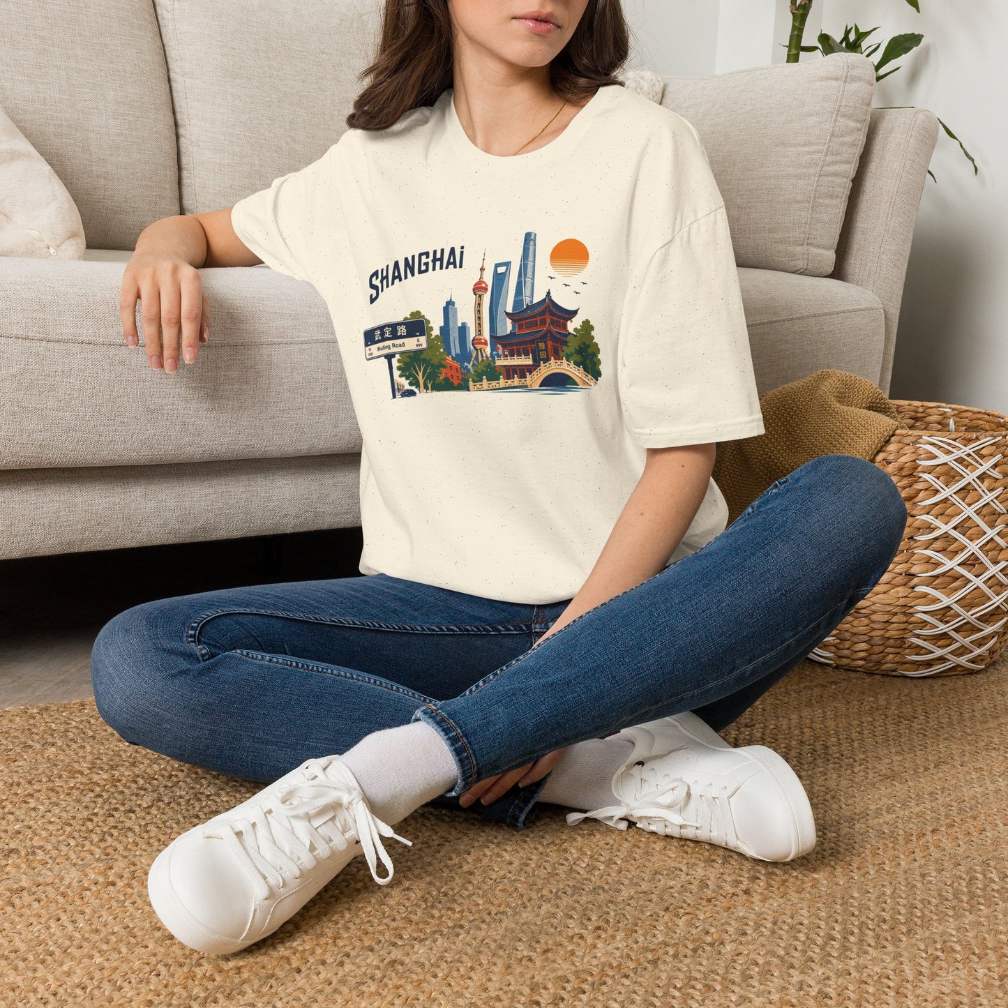 Shanghai Skyline T-Shirt — Vintage Cityscape Graphic Tee featuring Oriental Pagoda & Pudong Landmarks