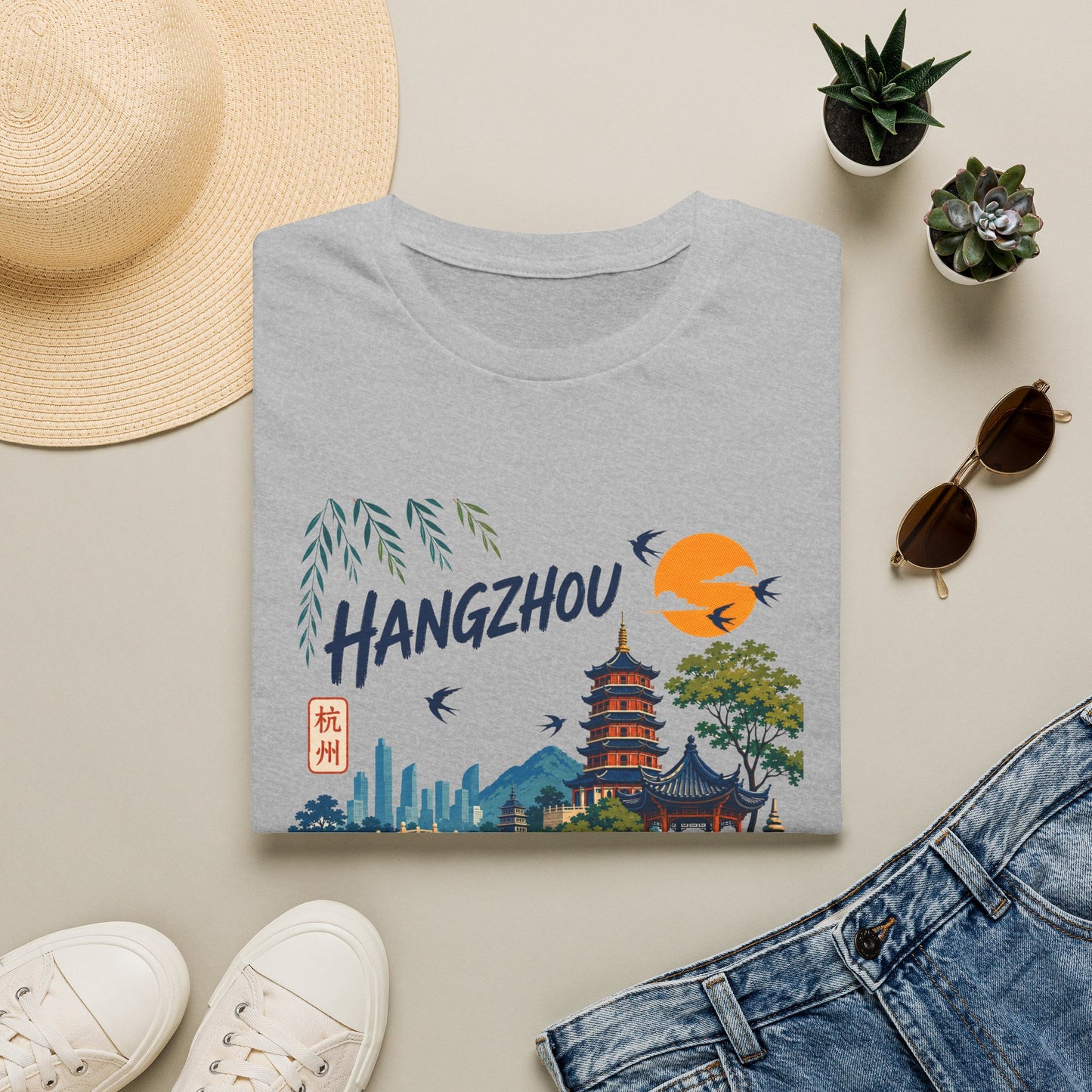 Hangzhou Travel Tee — Scenic Pagoda, Skyline & Sunset Graphic T-Shirt