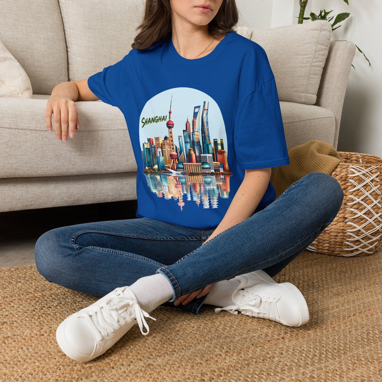 Shanghai Skyline T-Shirt — Retro Cityscape Tee with Reflection