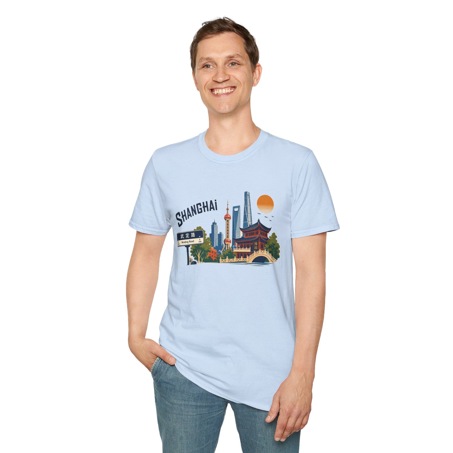 Shanghai Skyline T-Shirt — Vintage Cityscape Tee with Oriental Temple & Pudong Landmarks