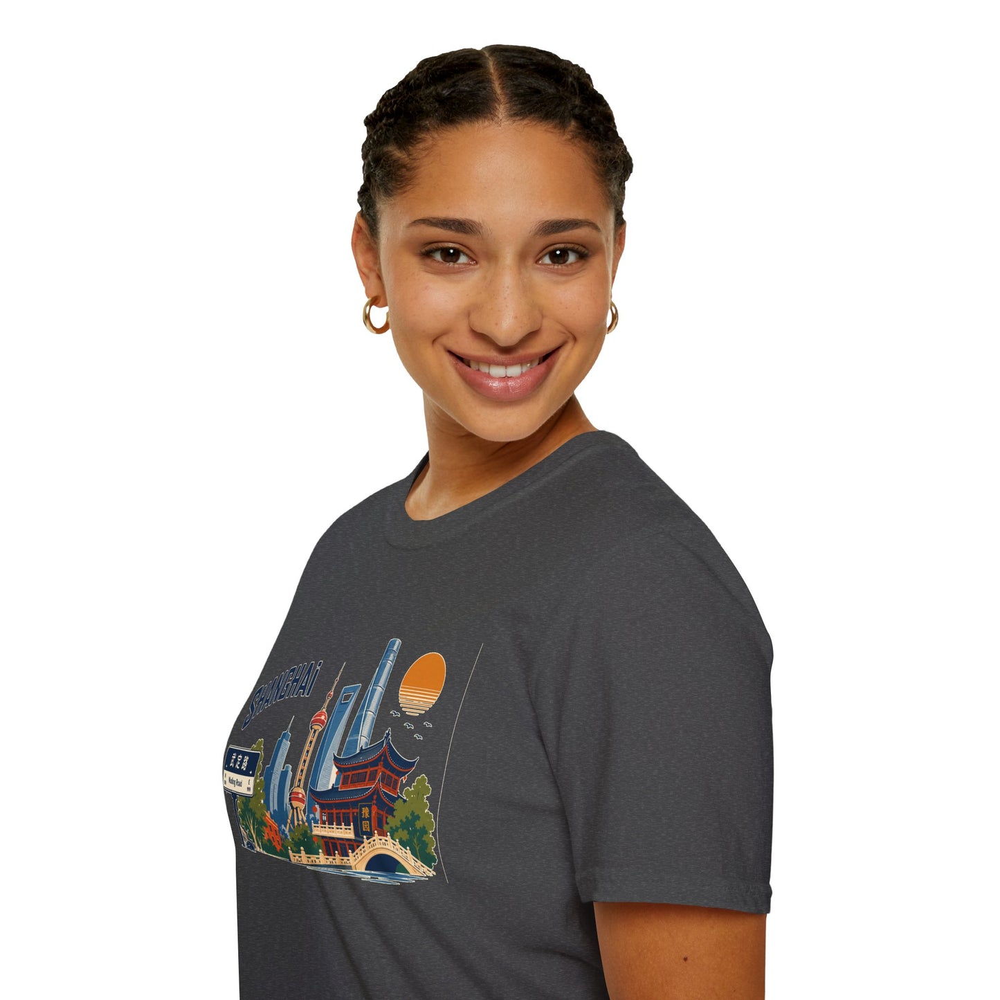 Shanghai Skyline T-Shirt — Vintage Cityscape Tee with Oriental Temple & Pudong Landmarks