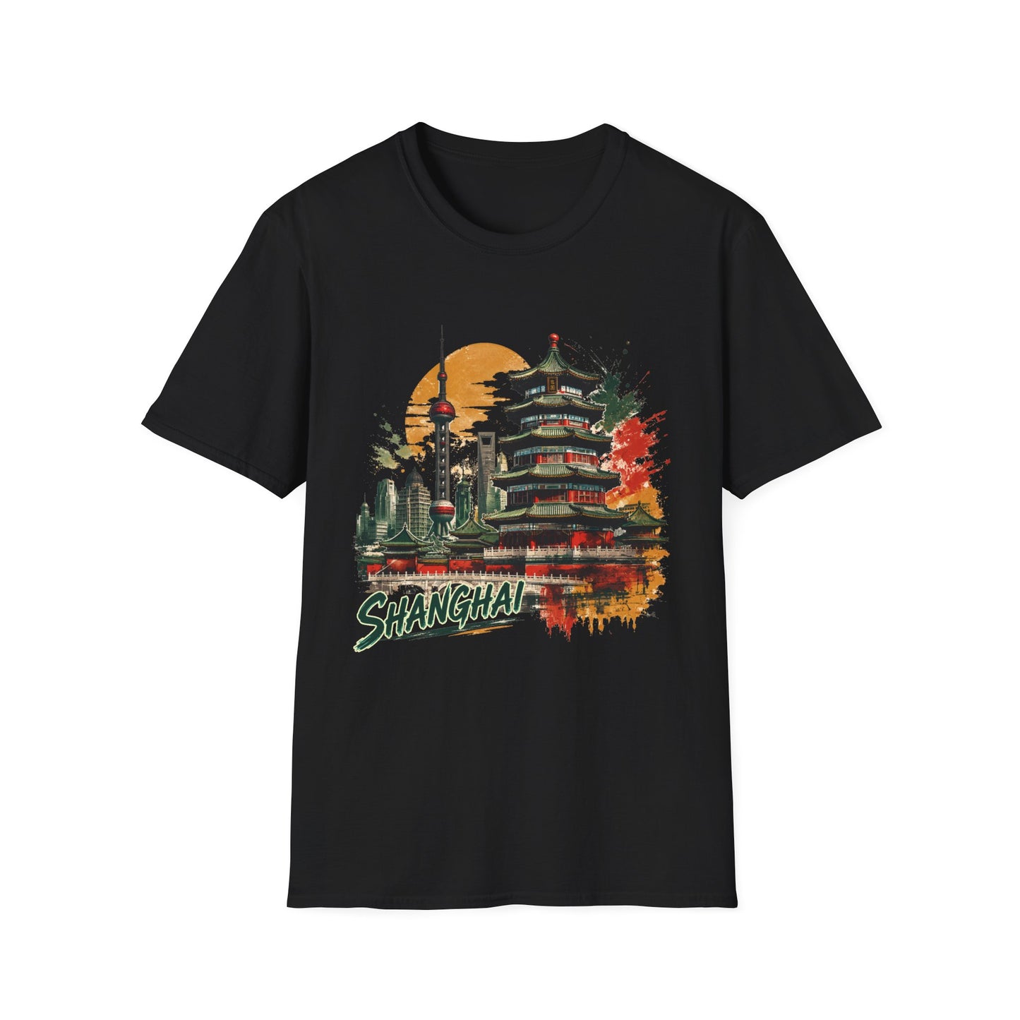 Shanghai Skyline T-Shirt — Watercolor Pagoda & Oriental Sunset Graphic