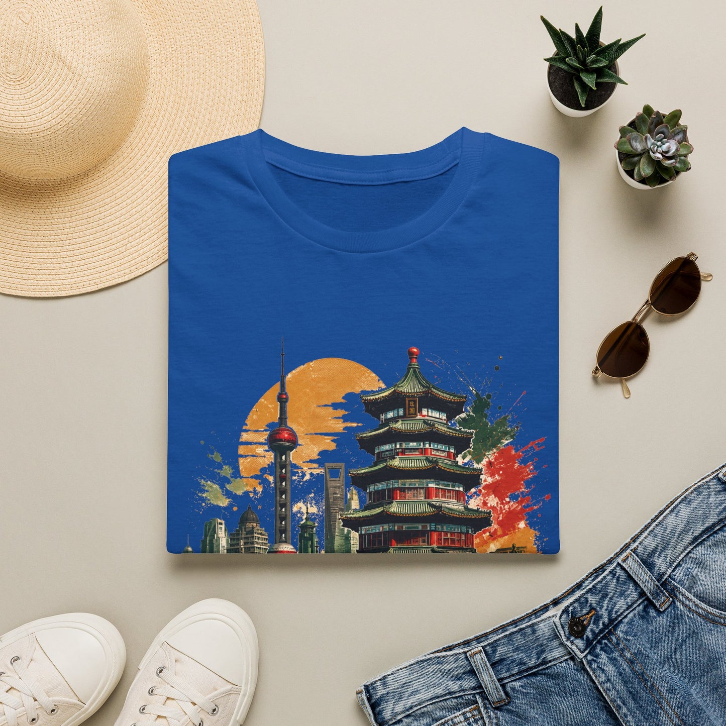 Shanghai Skyline T-Shirt — Watercolor Pagoda & Oriental Sunset Graphic