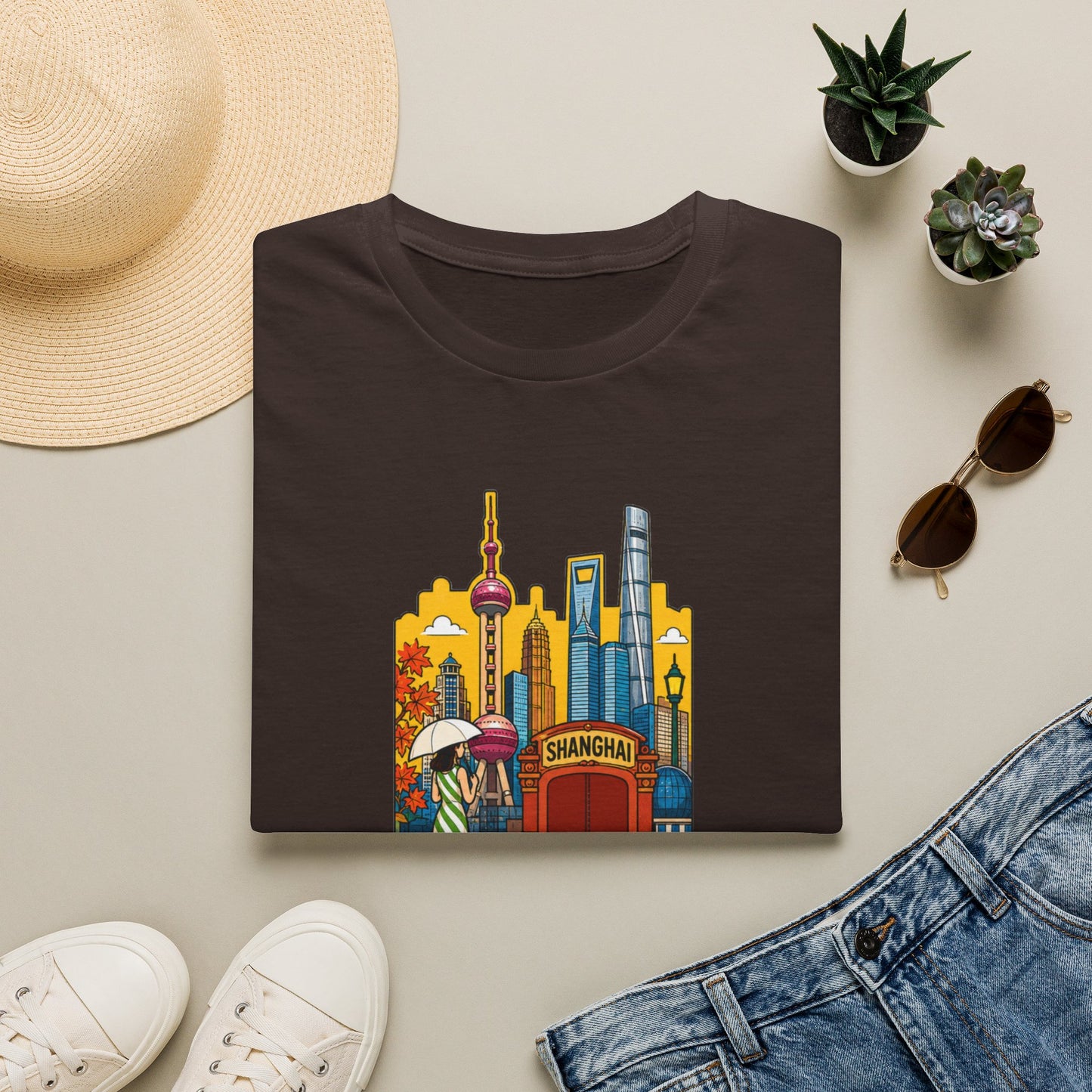 Shanghai Skyline T-Shirt — Vintage Cityscape with Chinese Characters
