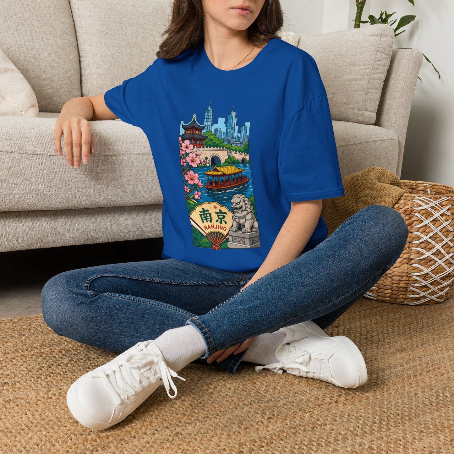 Nanjing Cityscape T-Shirt — Cherry Blossoms, Pagoda & Skyline Travel Shirt