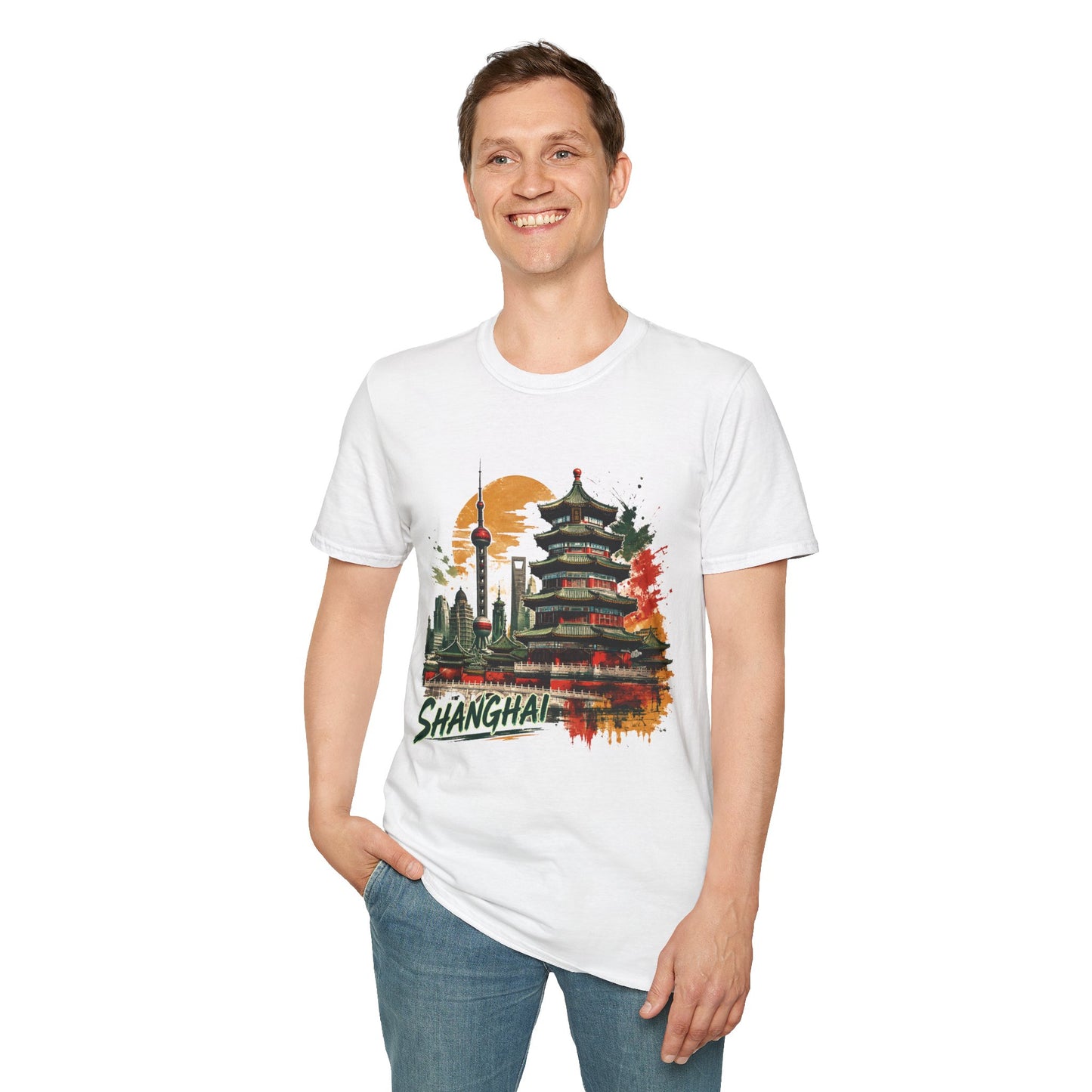 Shanghai Skyline T-Shirt — Watercolor Pagoda & Oriental Sunset Graphic