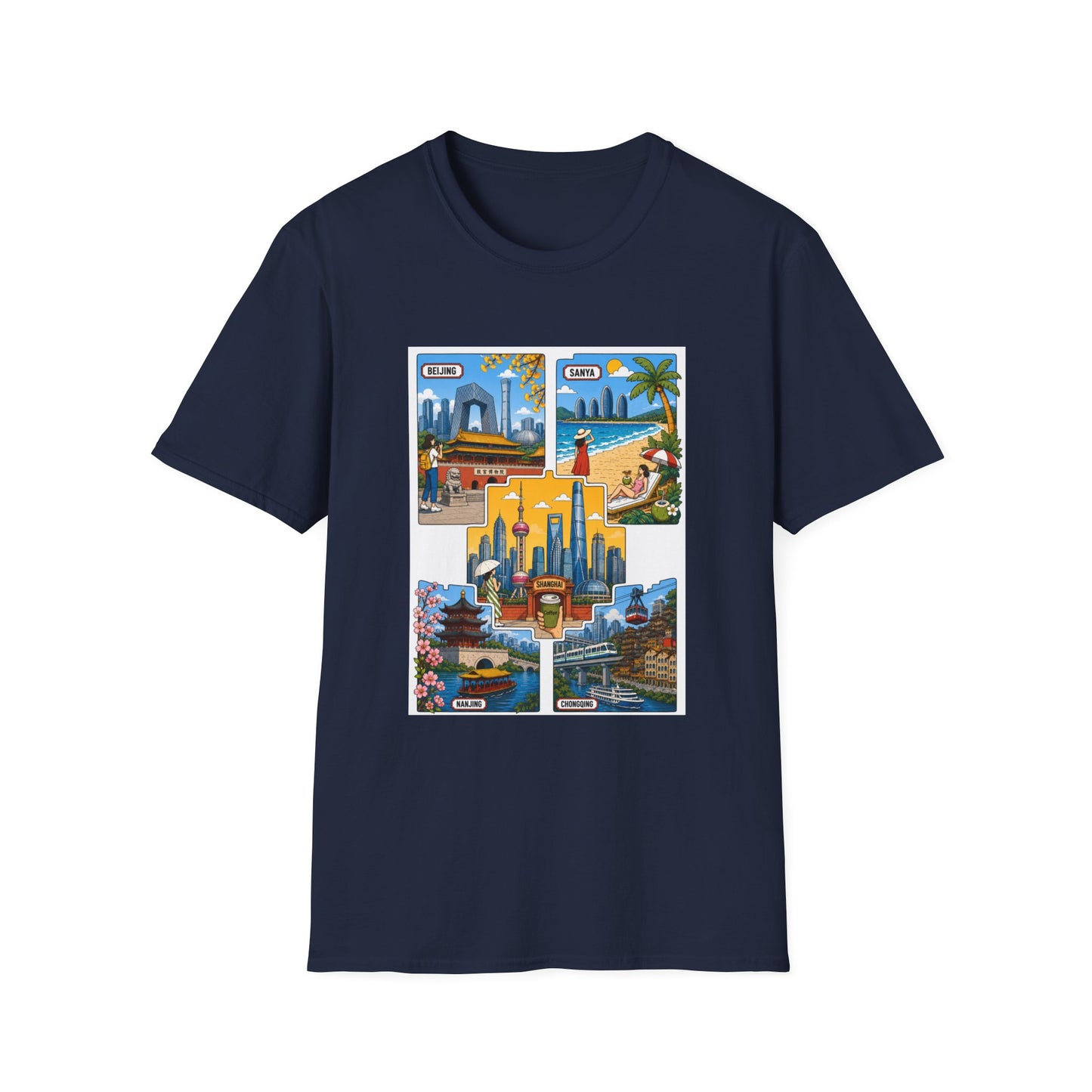 Cityscape Postcard T-Shirt — Retro Travel Collage (Beijing, Santa, Coastal Scenes)