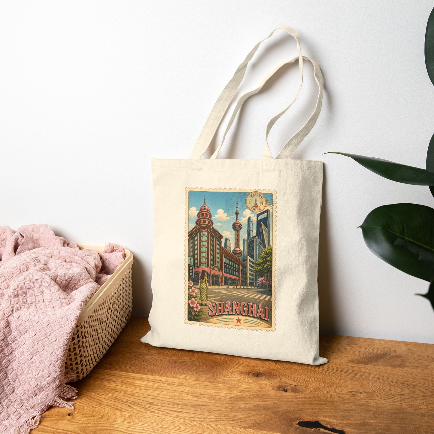 Shanghai Vintage Travel Tote — Cotton Canvas Cityscape Bag