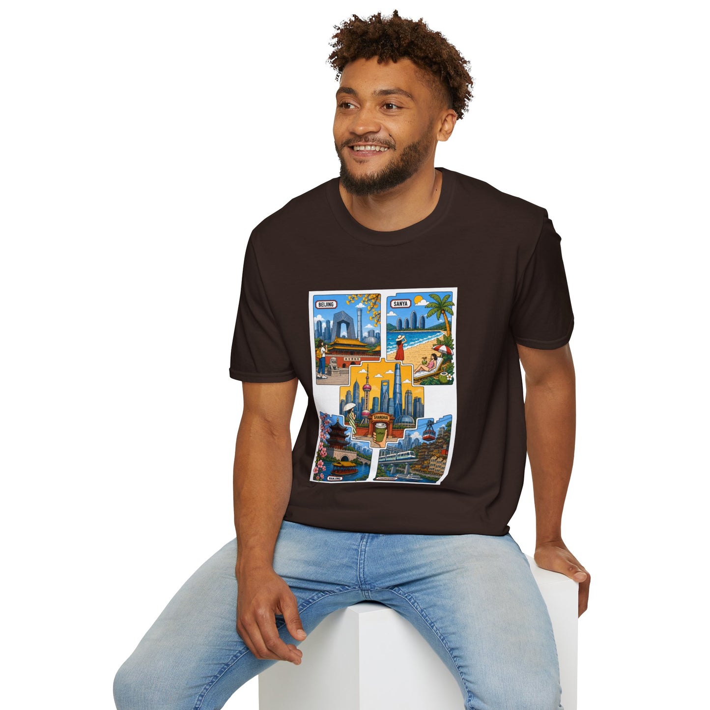 Cityscape Postcard T-Shirt — Retro Travel Collage (Beijing, Santa, Coastal Scenes)