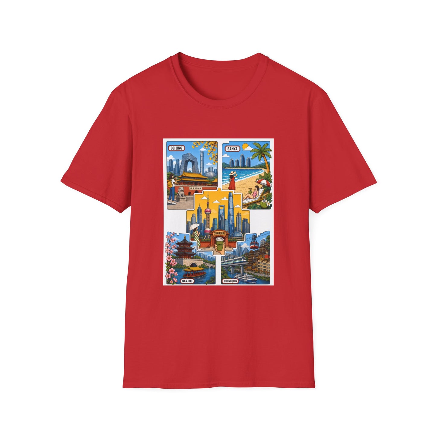 Cityscape Postcard T-Shirt — Retro Travel Collage (Beijing, Santa, Coastal Scenes)