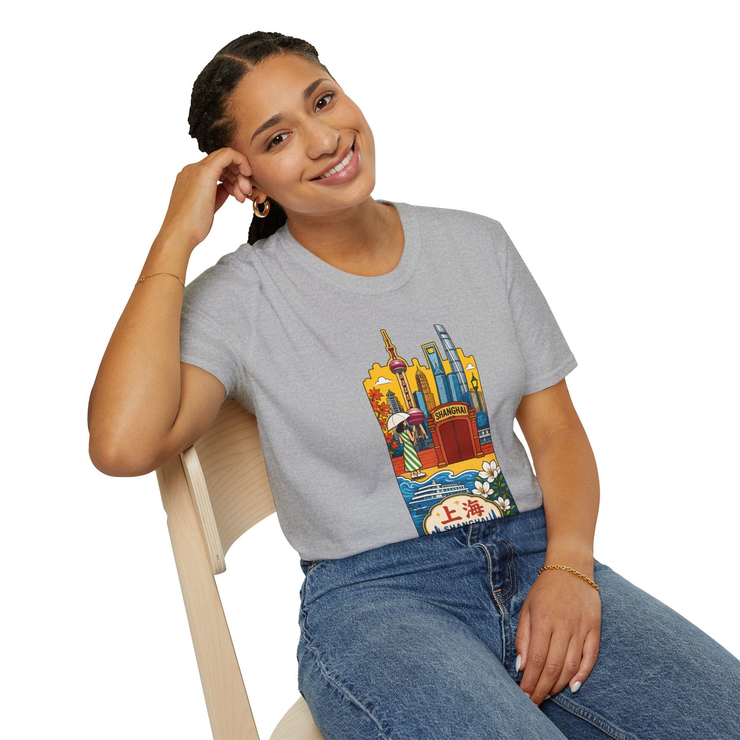 Shanghai Skyline T-Shirt — Vintage Cityscape with Chinese Characters
